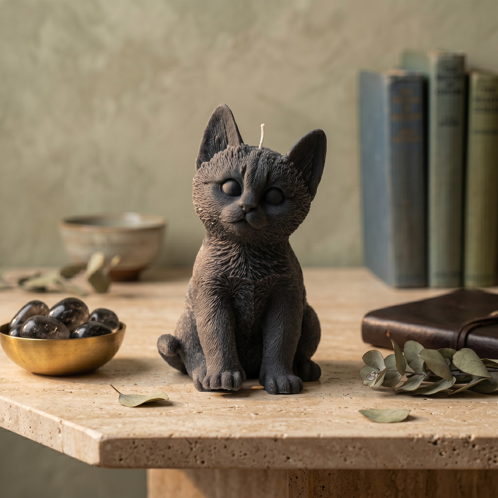 Black sculptural feline candle on a travertine table next to a brass bowl of dark crystals and vintage green books.