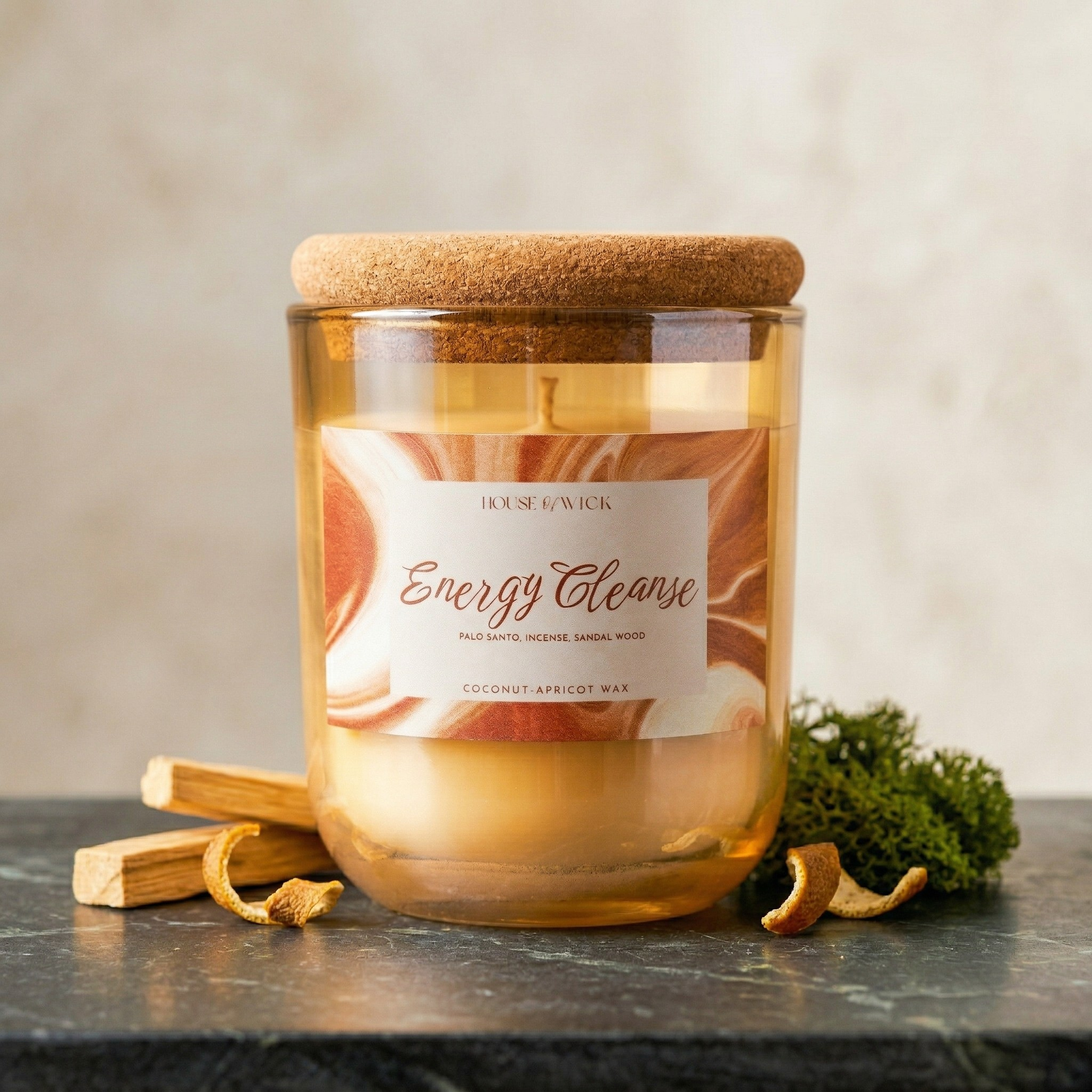 Close-up detail of the House of Wick Energy Cleanse 12oz glass jar candle label.