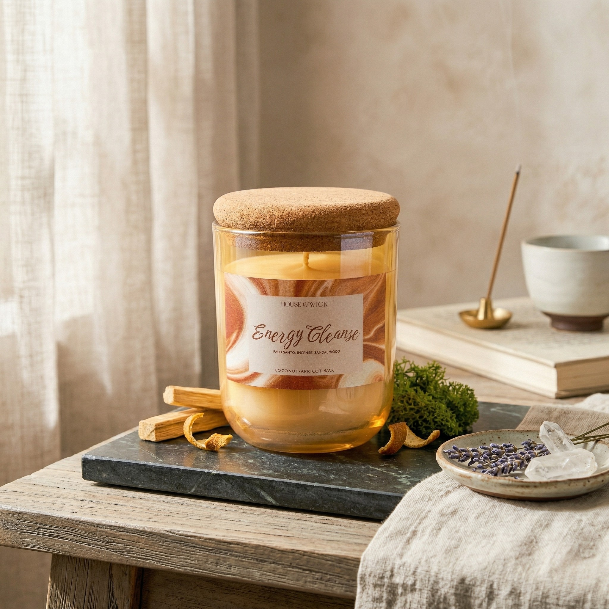Sealed House of Wick Energy Cleanse 12oz jar candle with cork lid on a dark wood desk.