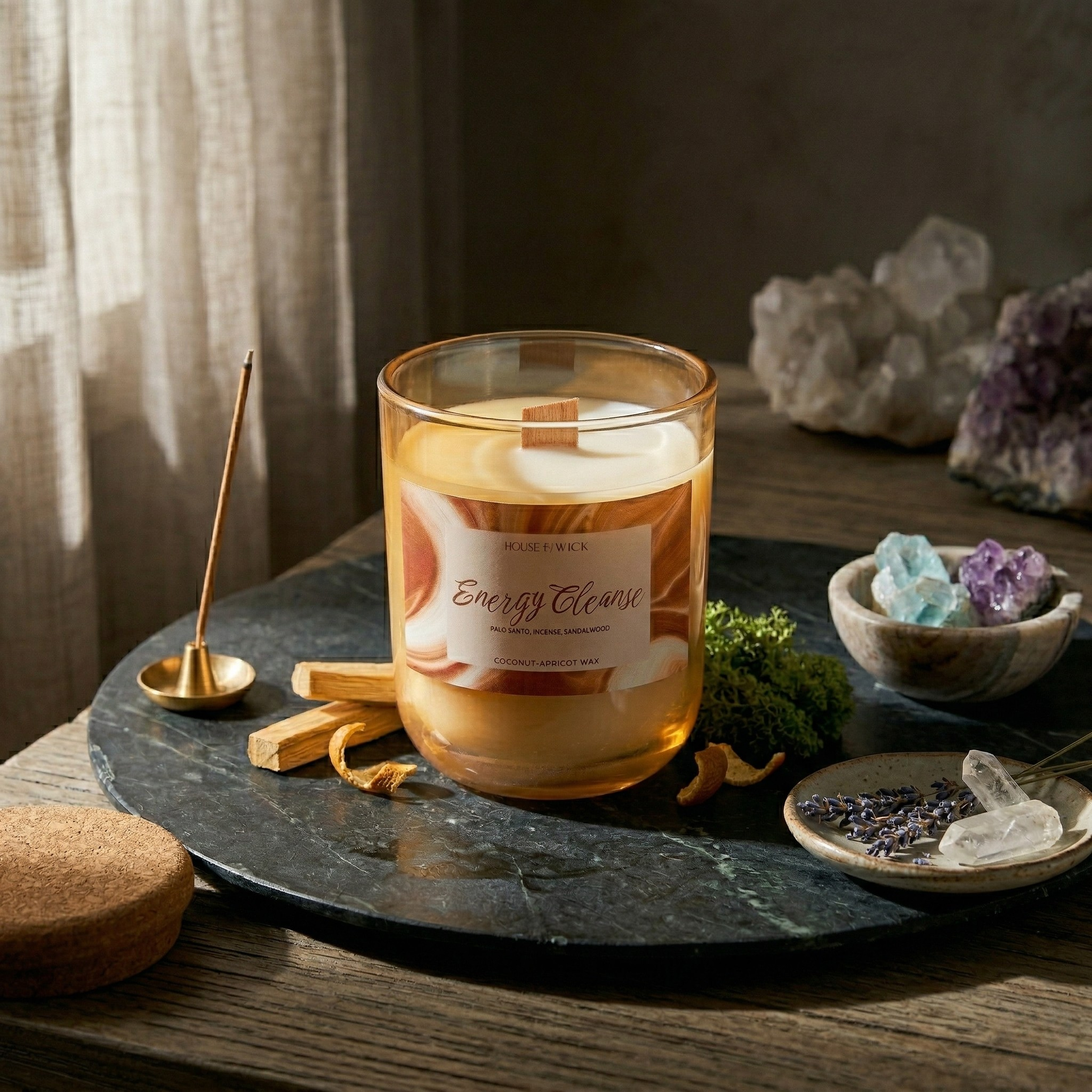 House of Wick Energy Cleanse 12oz glass jar candle surrounded by quartz crystals.
