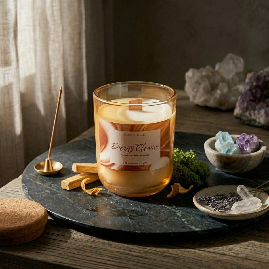 House of Wick Energy Cleanse 12oz glass jar candle surrounded by quartz crystals.