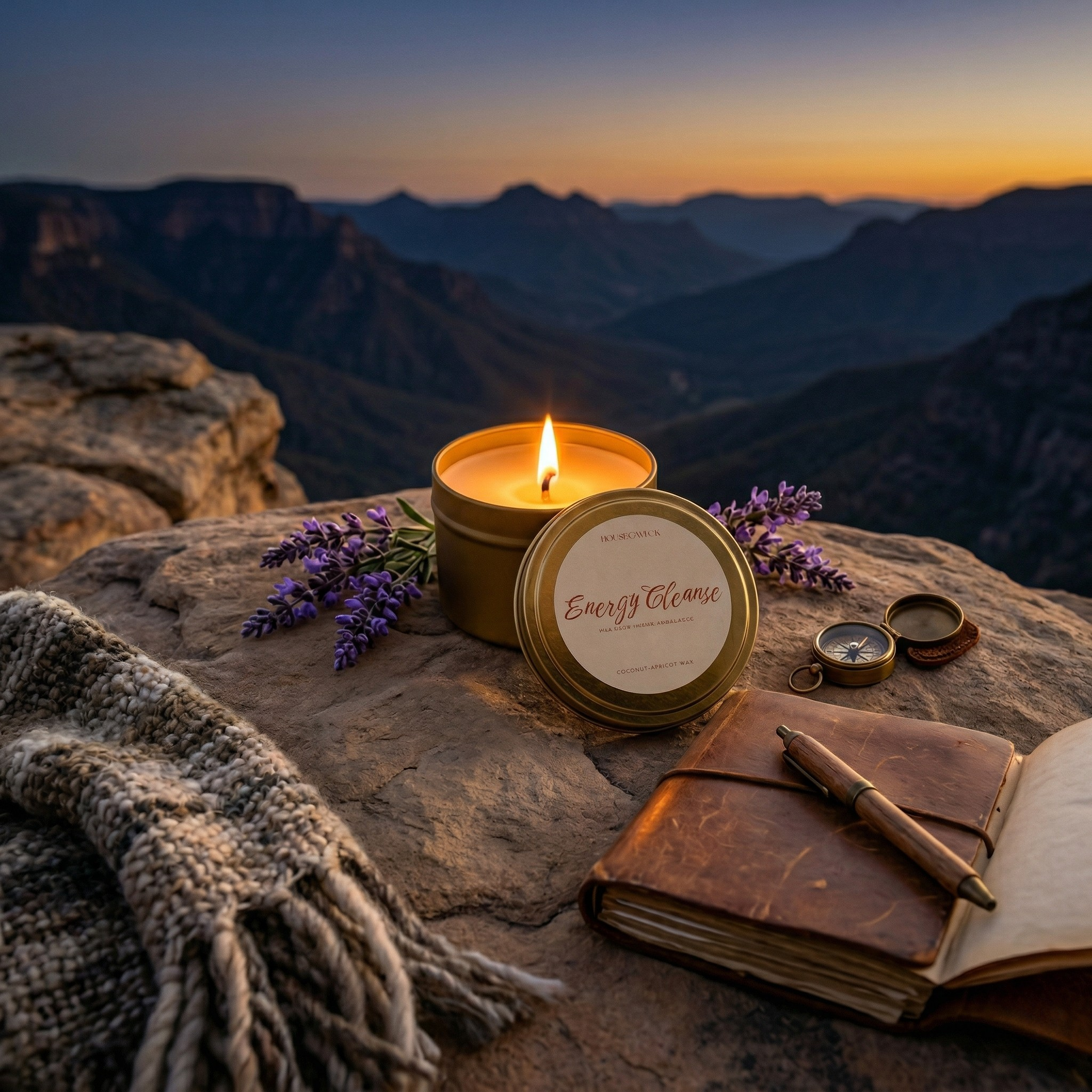 Lit House of Wick Energy Cleanse 6oz tin candle against a mountain sunset backdrop.