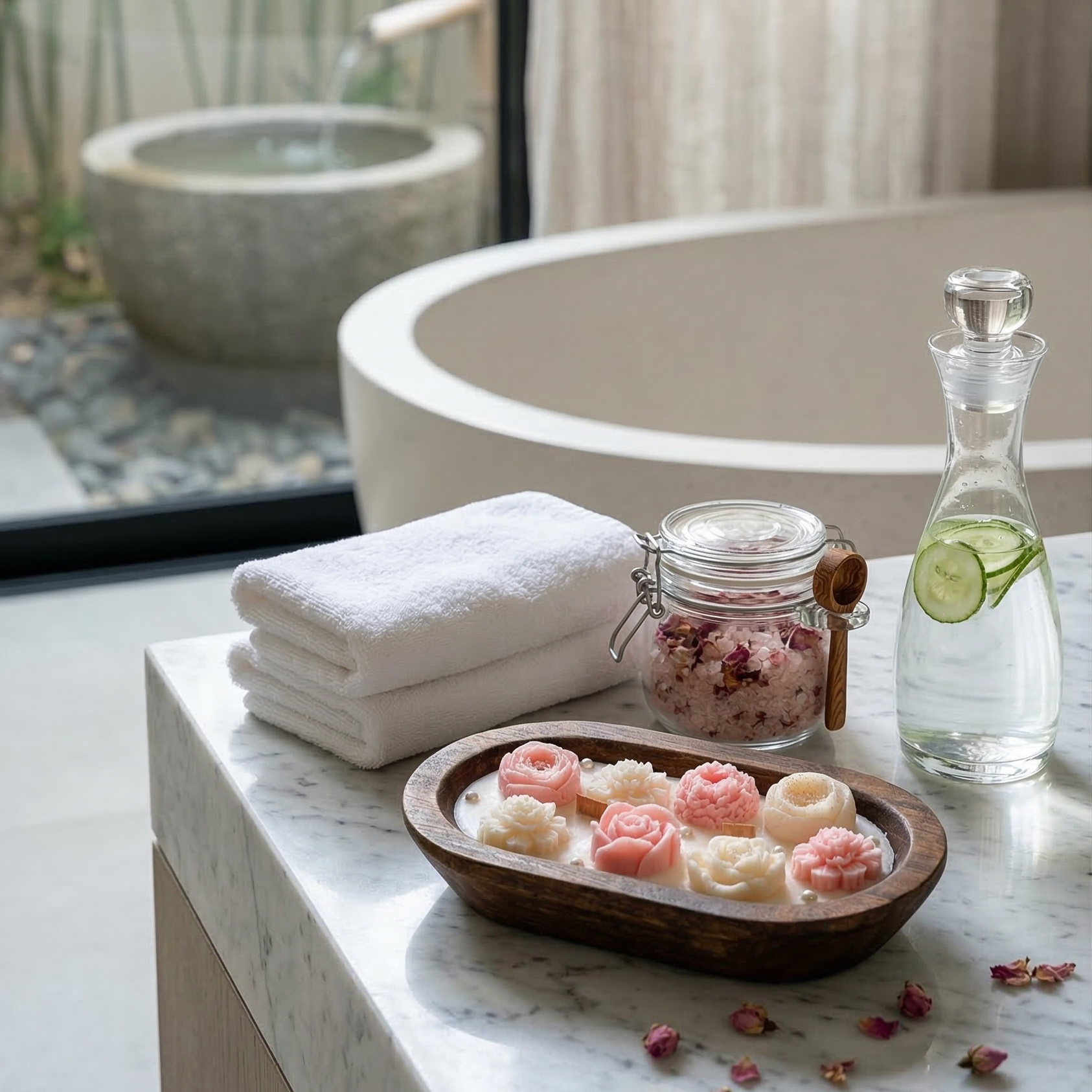 Handmade soy candle with floral wax melts in a wooden bowl styled in a luxury spa bathroom setting.
