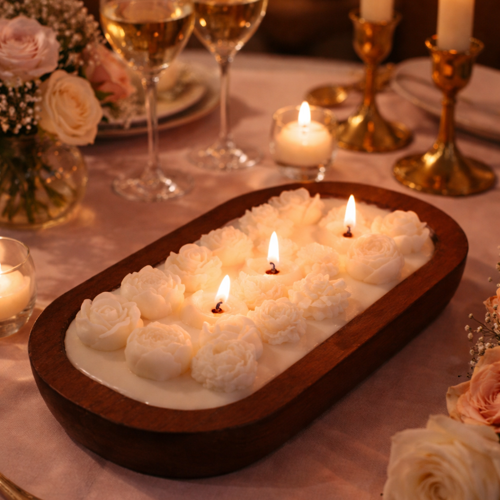 Floral wooden bowl candle burning on an elegant dinner table setting with roses and candlelight.