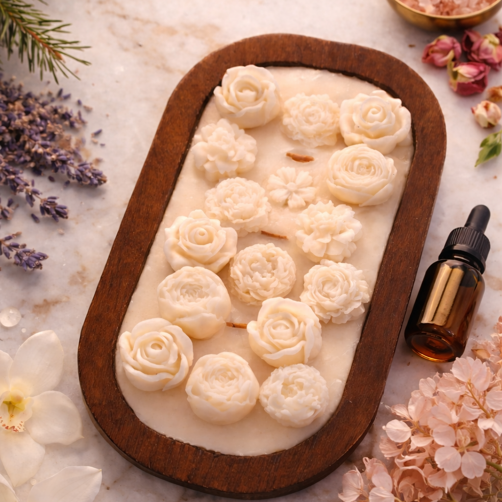 Hand poured floral soy candle in a wooden bowl styled with lavender flowers and essential oils.
