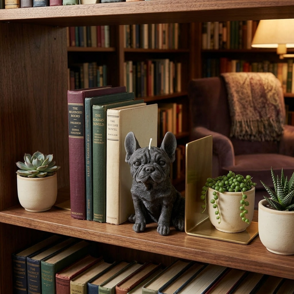 Decorative shelf with books, a small french bulldog candle in black, and potted plants in a cozy room.