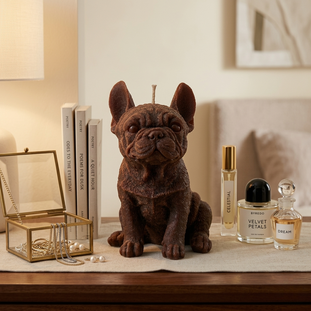 french bulldog brown candle on a table with perfume bottles and jewelry