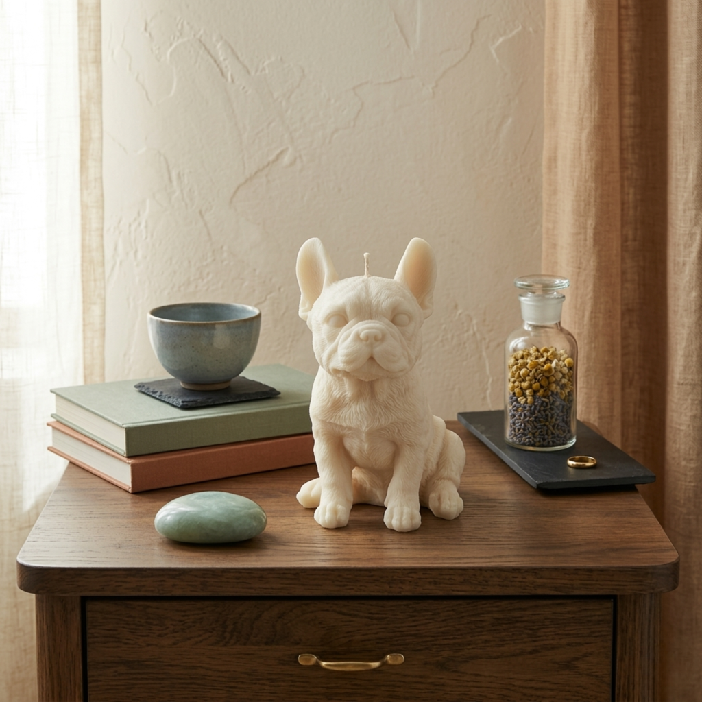 white bulldog candle on a wooden surface with books and decorative items.