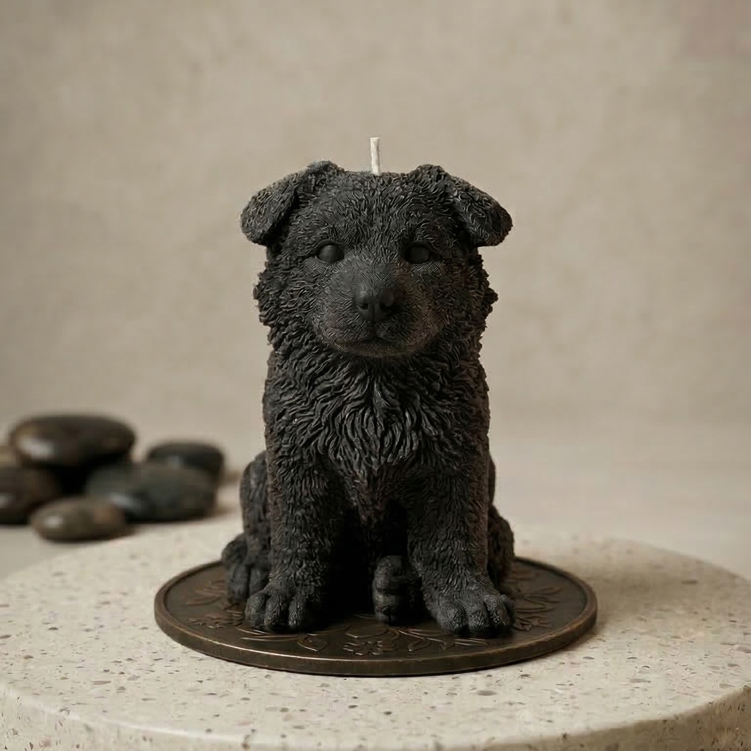Black German Shepherd puppy candle by House of Wick — beeswax dog figurine candle sculpture