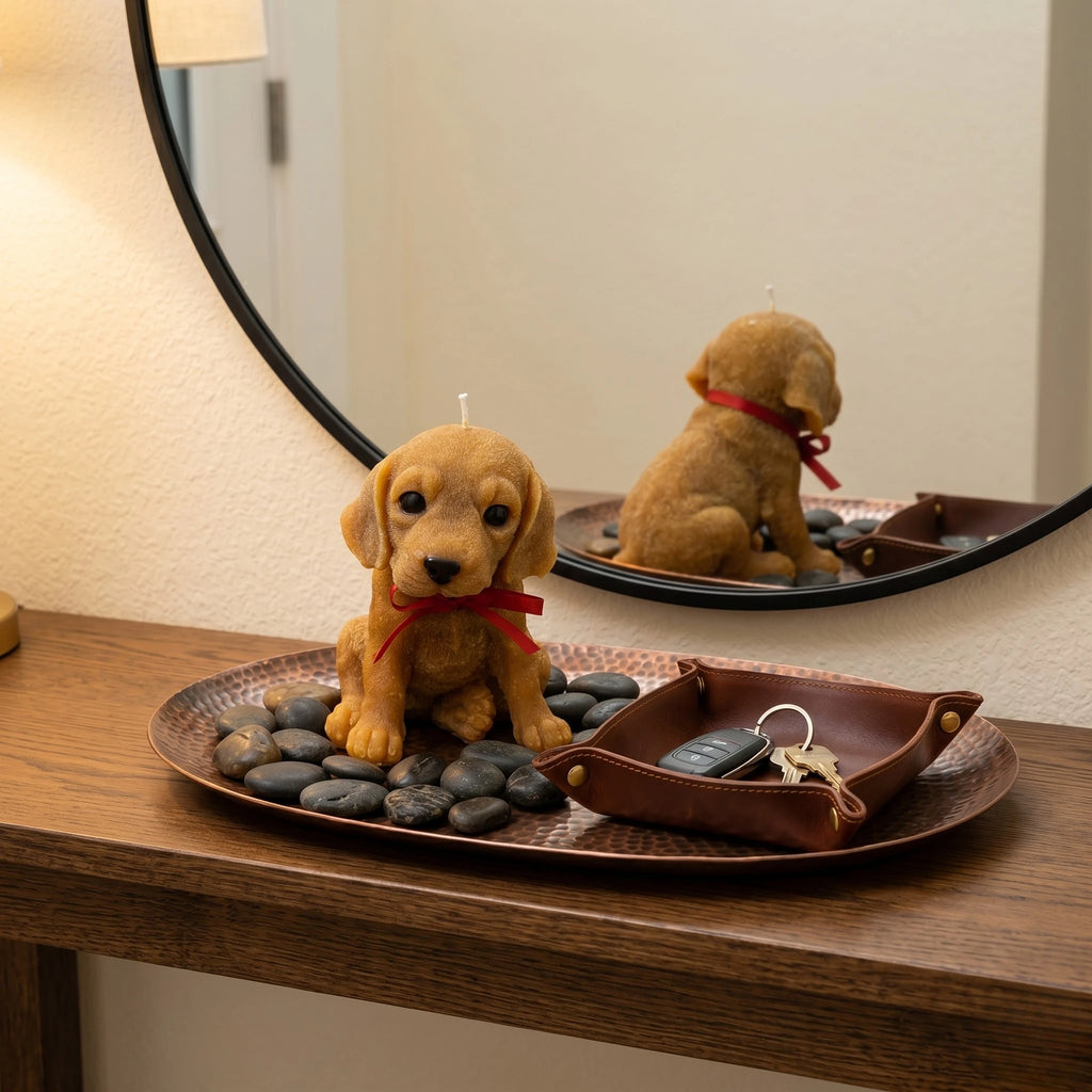 Golden beagle puppy candle lifestyle styling on entryway tray with mirror