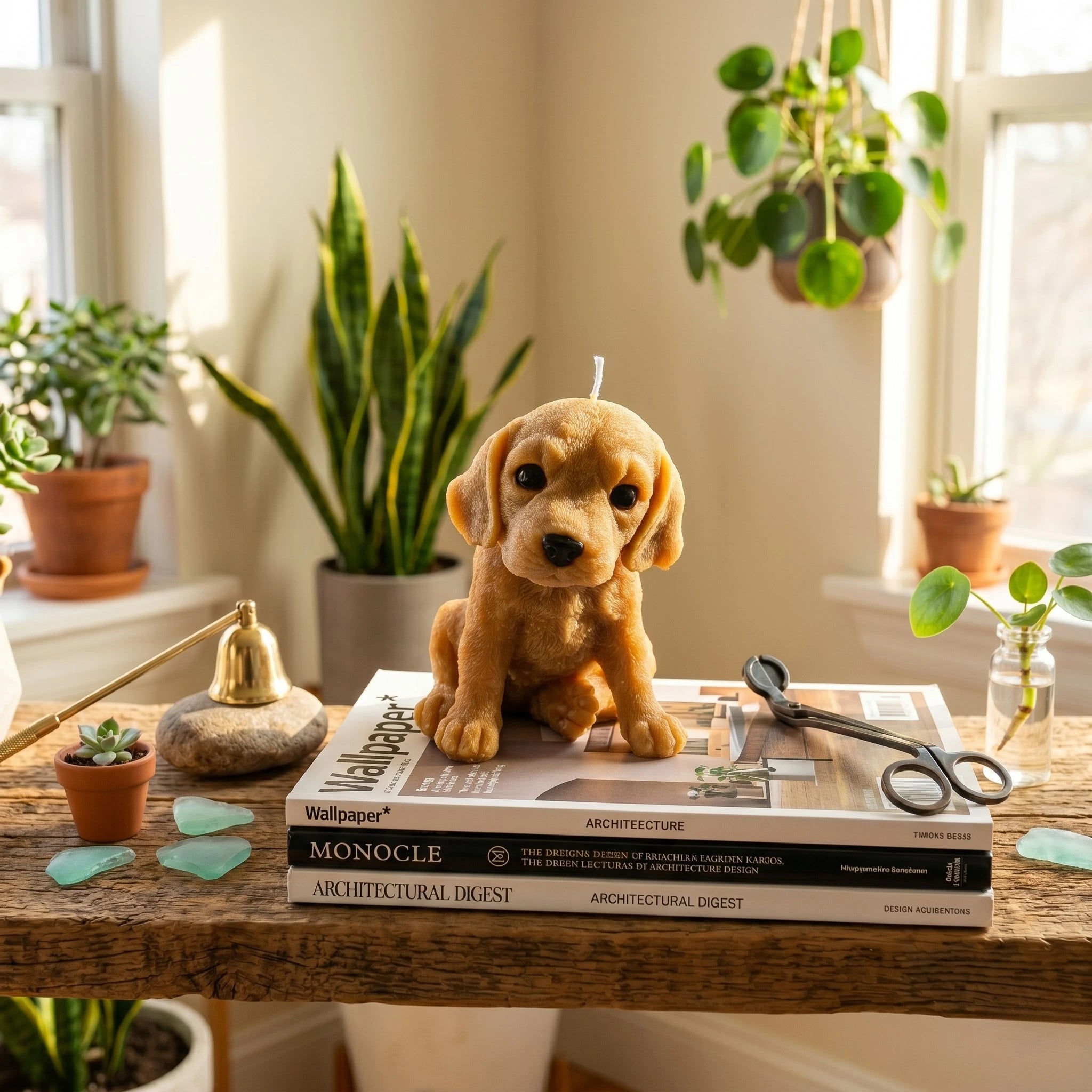 Golden beagle puppy candle lifestyle on desk with books and plants
