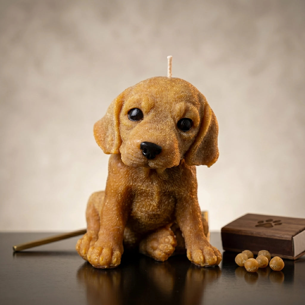 Golden beagle puppy candle handmade beeswax sculptural product shot
