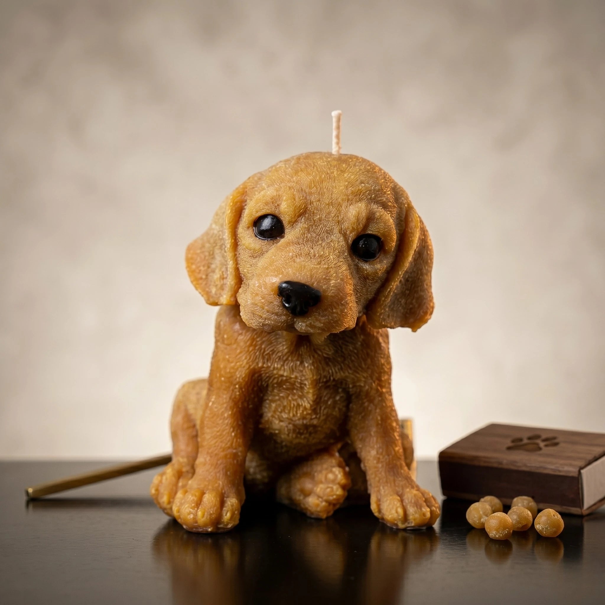 Golden beagle puppy candle handmade beeswax sculptural product shot