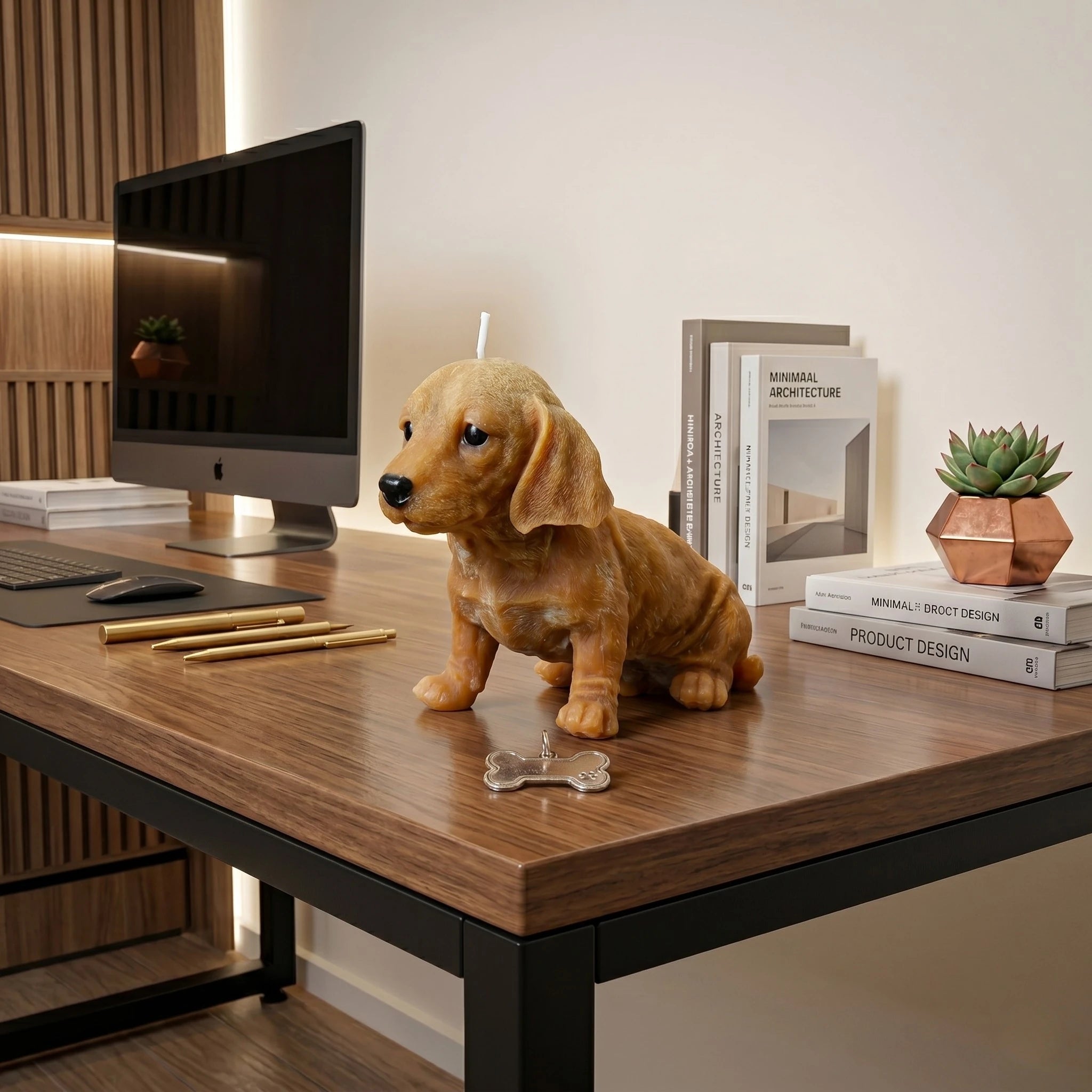 Golden dachshund puppy candle lifestyle on desk with books and computer