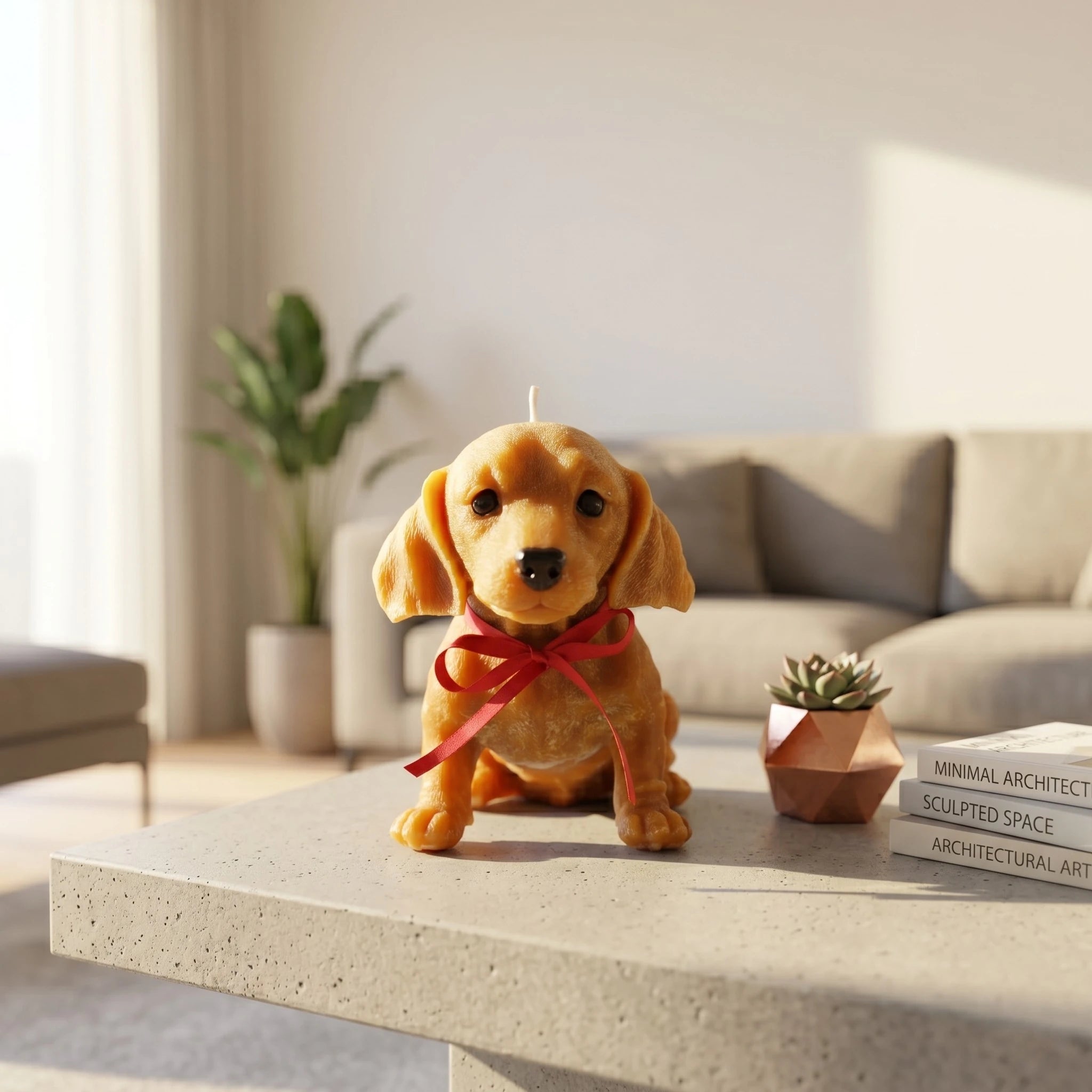 Golden dachshund puppy candle lifestyle on living room coffee table