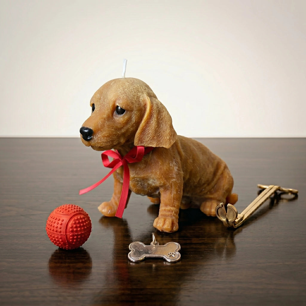 Golden dachshund puppy candle with red ribbon on dark table product shot
