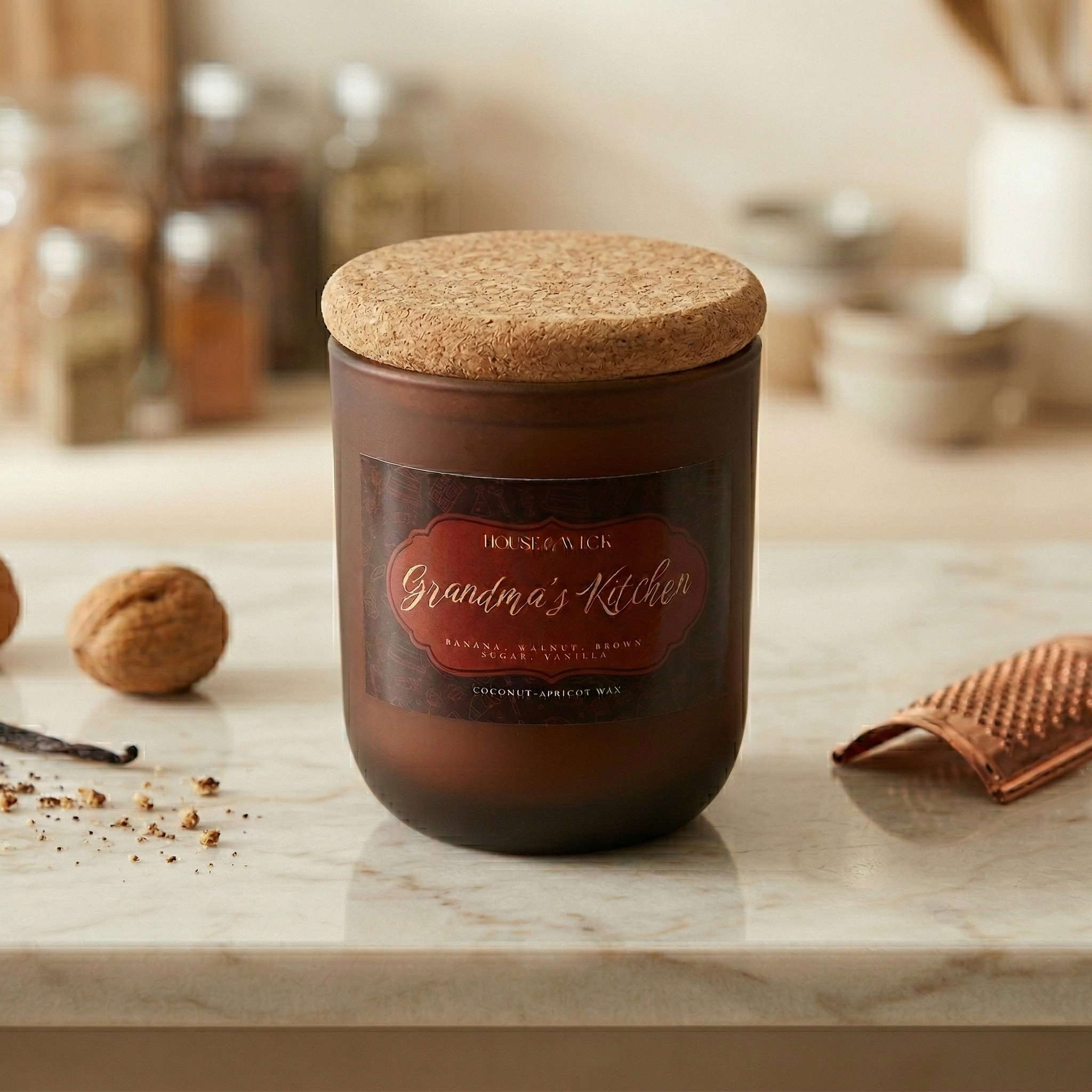 Unlit, closed House of Wick Grandma's Kitchen 12 oz brown frosted jar candle sealed with a cork lid, sitting on a white marble countertop. The candle is surrounded by subtle baking props including a copper grater, a whole walnut, and a vanilla bean.