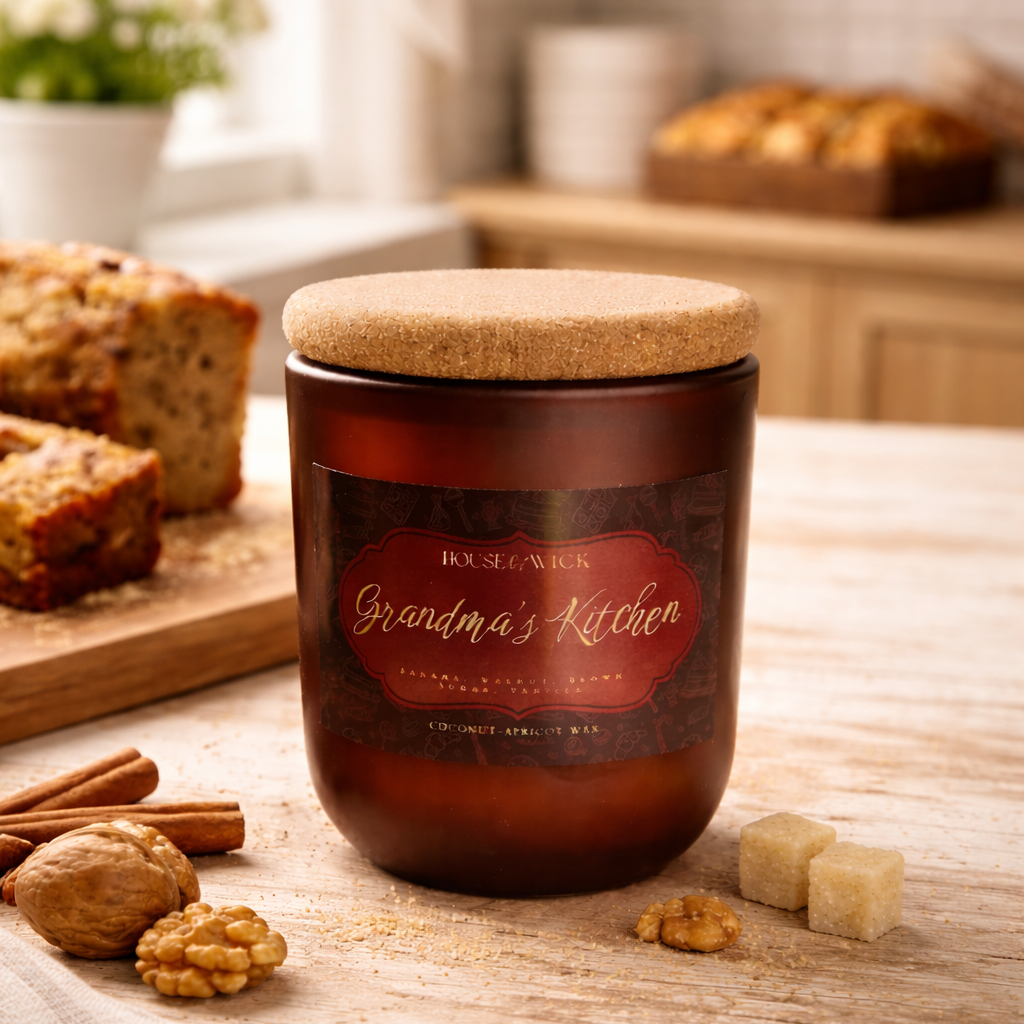 Grandma’s Kitchen banana nut bread candle in 12 oz amber jar styled in a modern kitchen with soft natural light and minimal props.