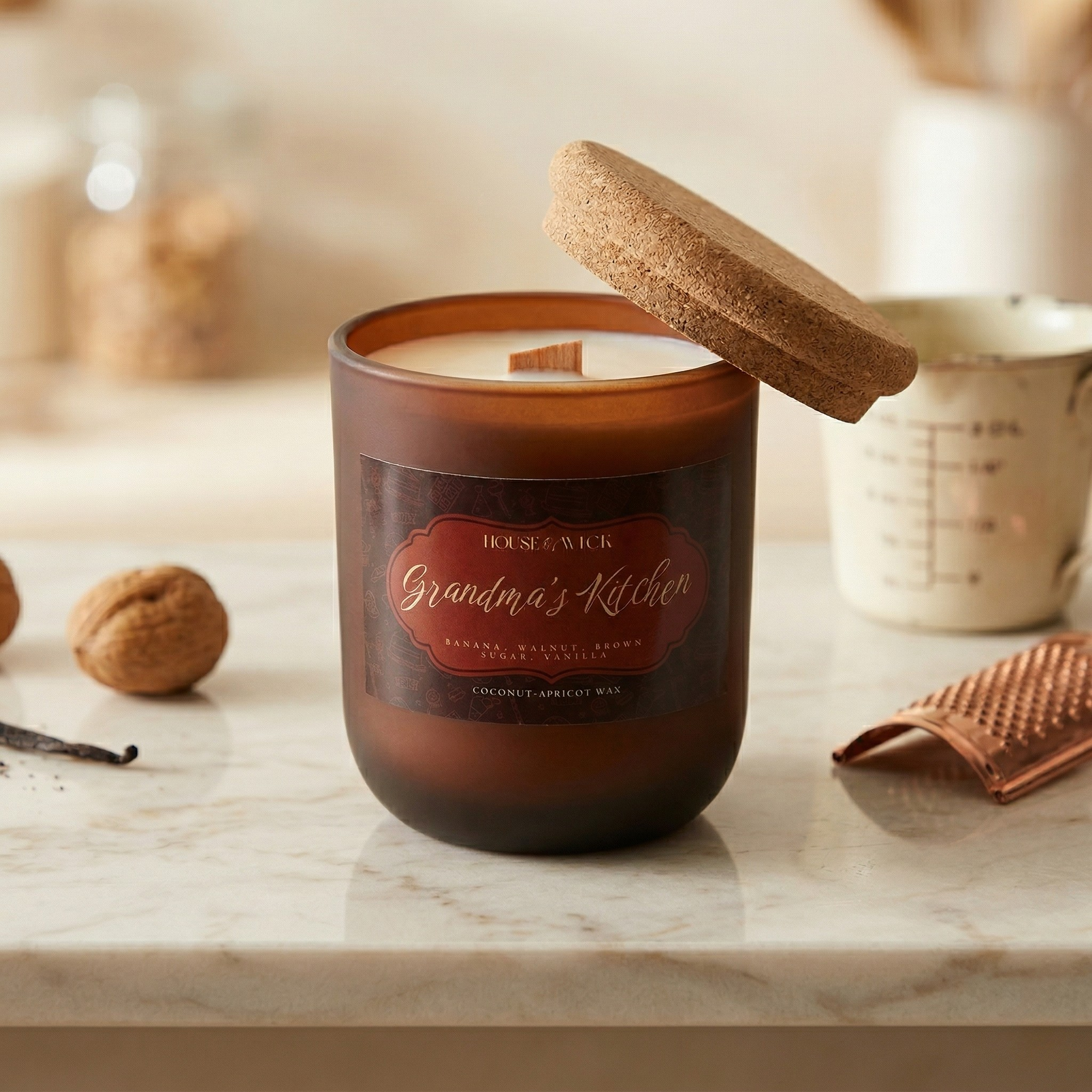 Open House of Wick Grandma's Kitchen 12 oz brown frosted glass jar candle displaying white wax, with its cork lid resting playfully on the rim, styled on a white marble counter next to a whole walnut and vanilla bean.