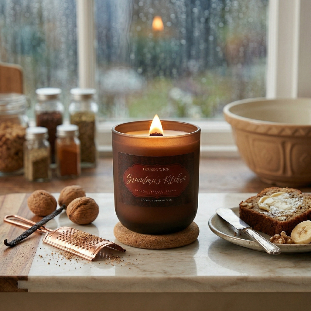 Lit House of Wick Grandma's Kitchen 12 oz jar candle with a wooden wick glowing warmly on a cork coaster. The candle is styled on a marble counter next to a slice of buttered banana bread, whole walnuts, a vanilla bean, and a copper grater, set against a cozy rainy window backdrop.