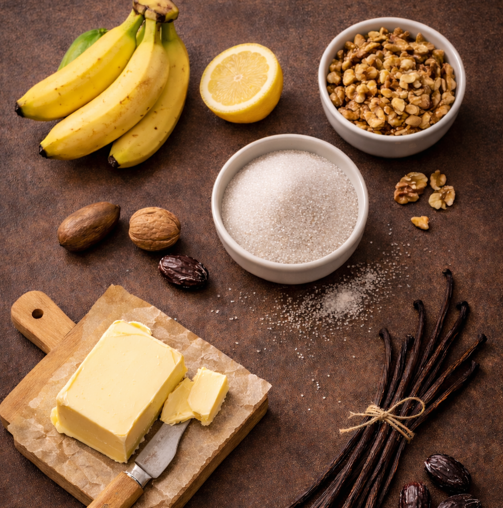 Flat lay of banana bread candle fragrance ingredients including ripe bananas, walnuts, sugar, butter, vanilla beans and lemon for Grandma’s Kitchen by House of Wick.