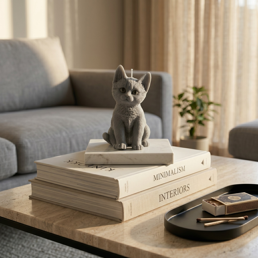 Grey Chloe the Cat sculptural beeswax candle by House of Wick, styled on a marble base resting on stacked design books on a living room coffee table.