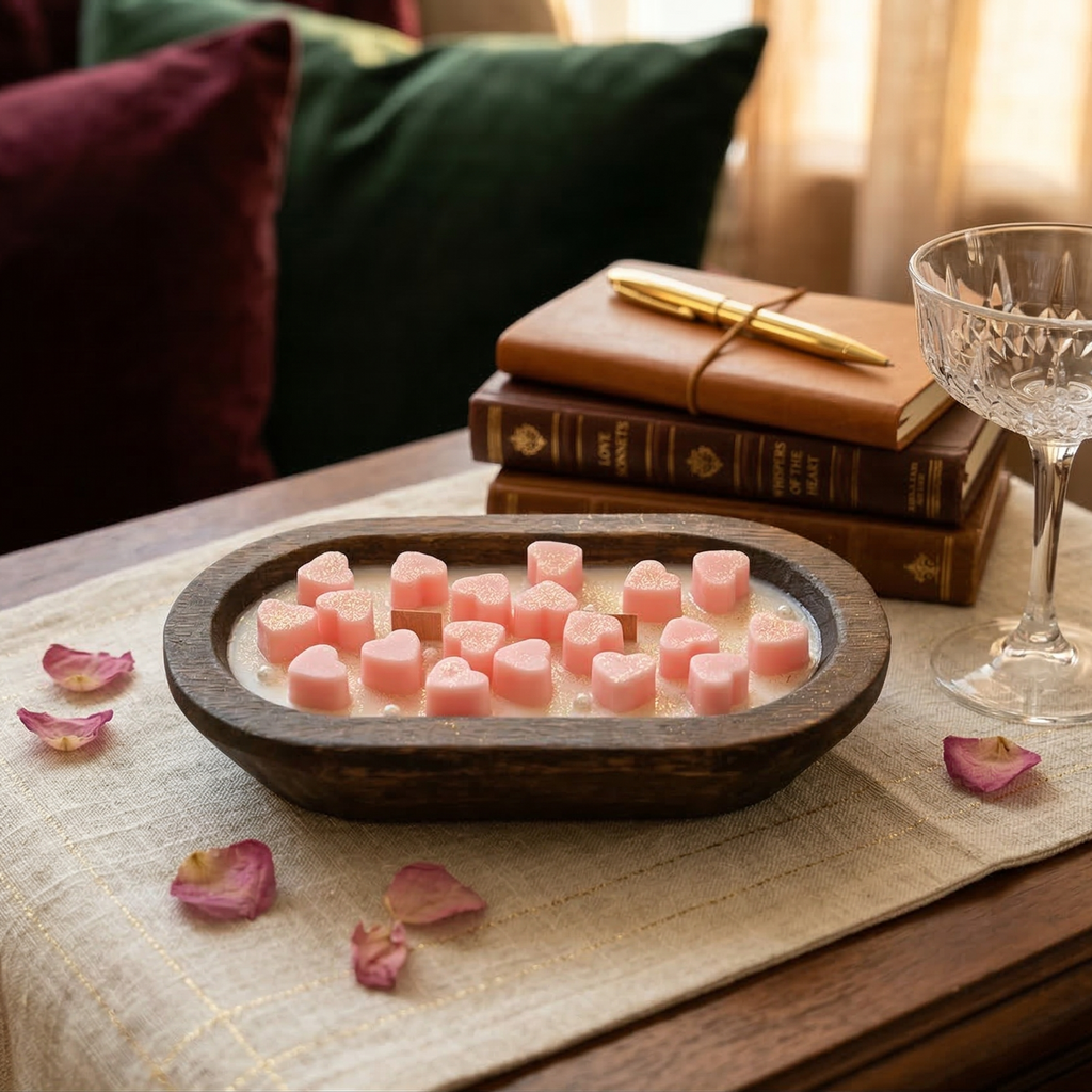 Romantic wooden bowl candle with pink heart wax melts styled on a cozy table setting.
