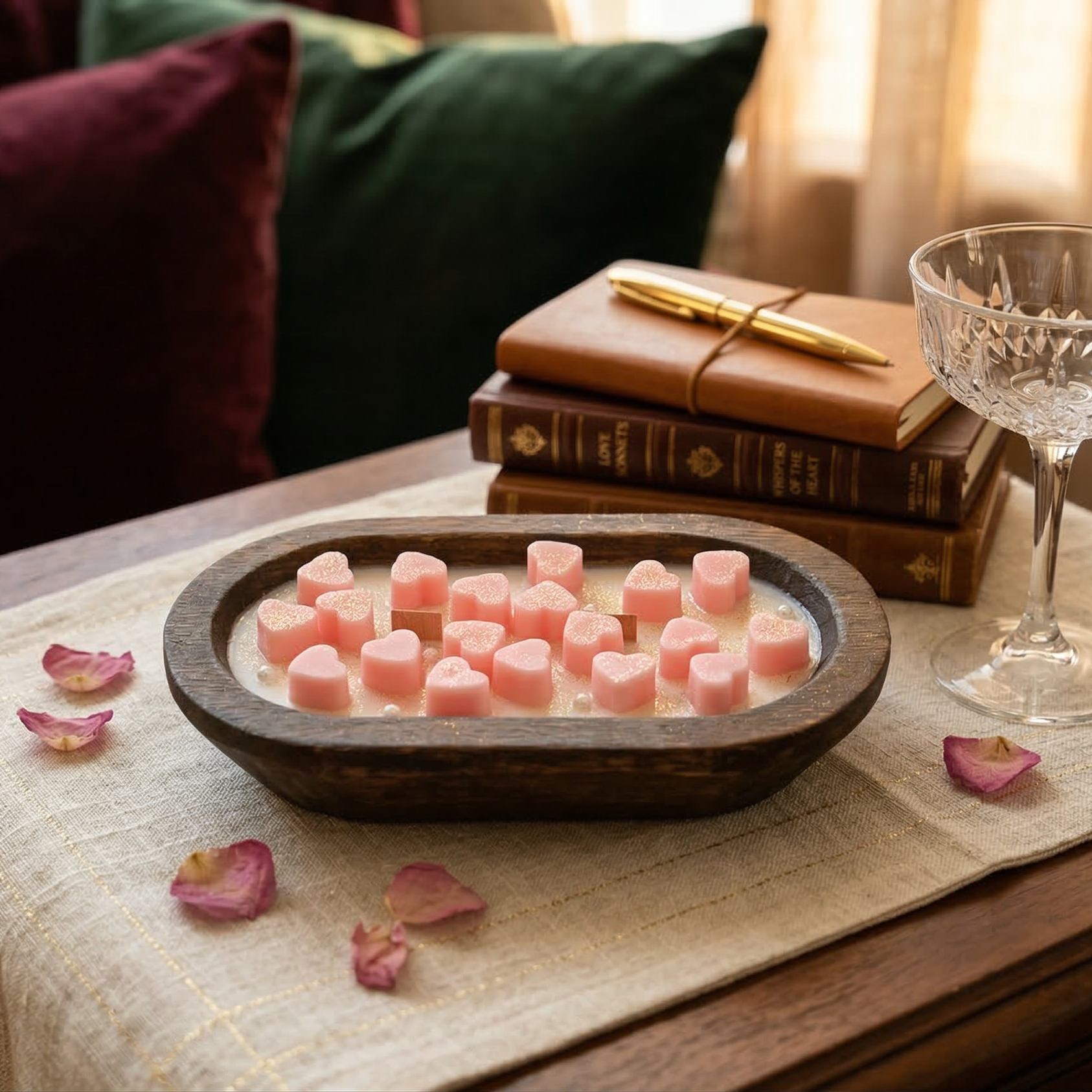 Romantic wooden bowl candle with pink heart wax melts styled on a cozy table setting.
