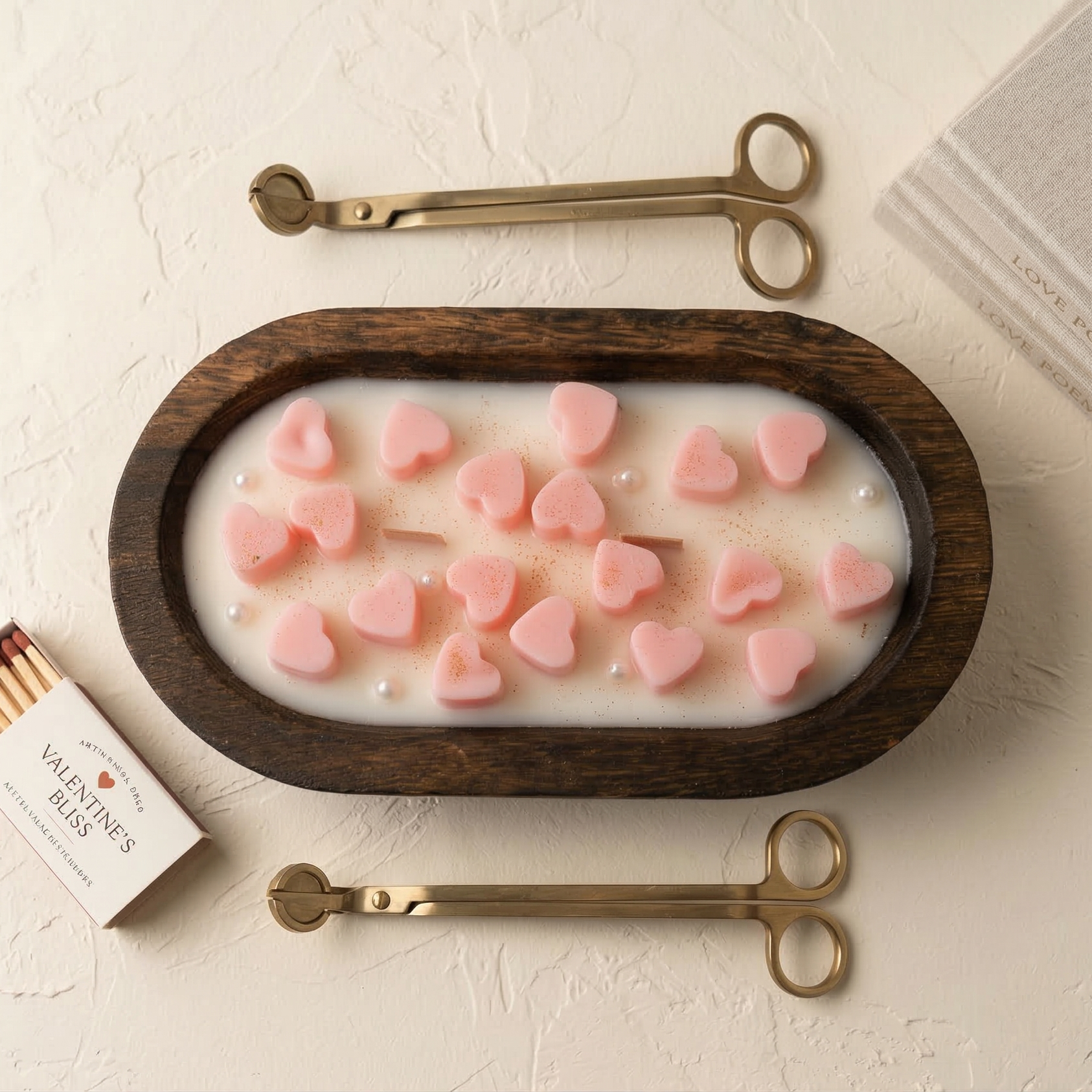 Top view of handmade wooden bowl candle with pink heart wax melts and candle care tools.
