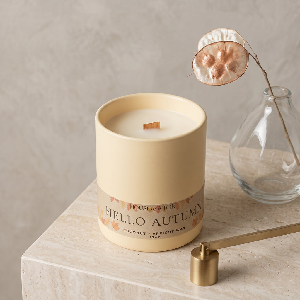 An unlit 12oz House of Wick Hello Autumn candle on a travertine block beside a small glass vase holding a dried lunaria stem, with a brass candle snuffer resting nearby.