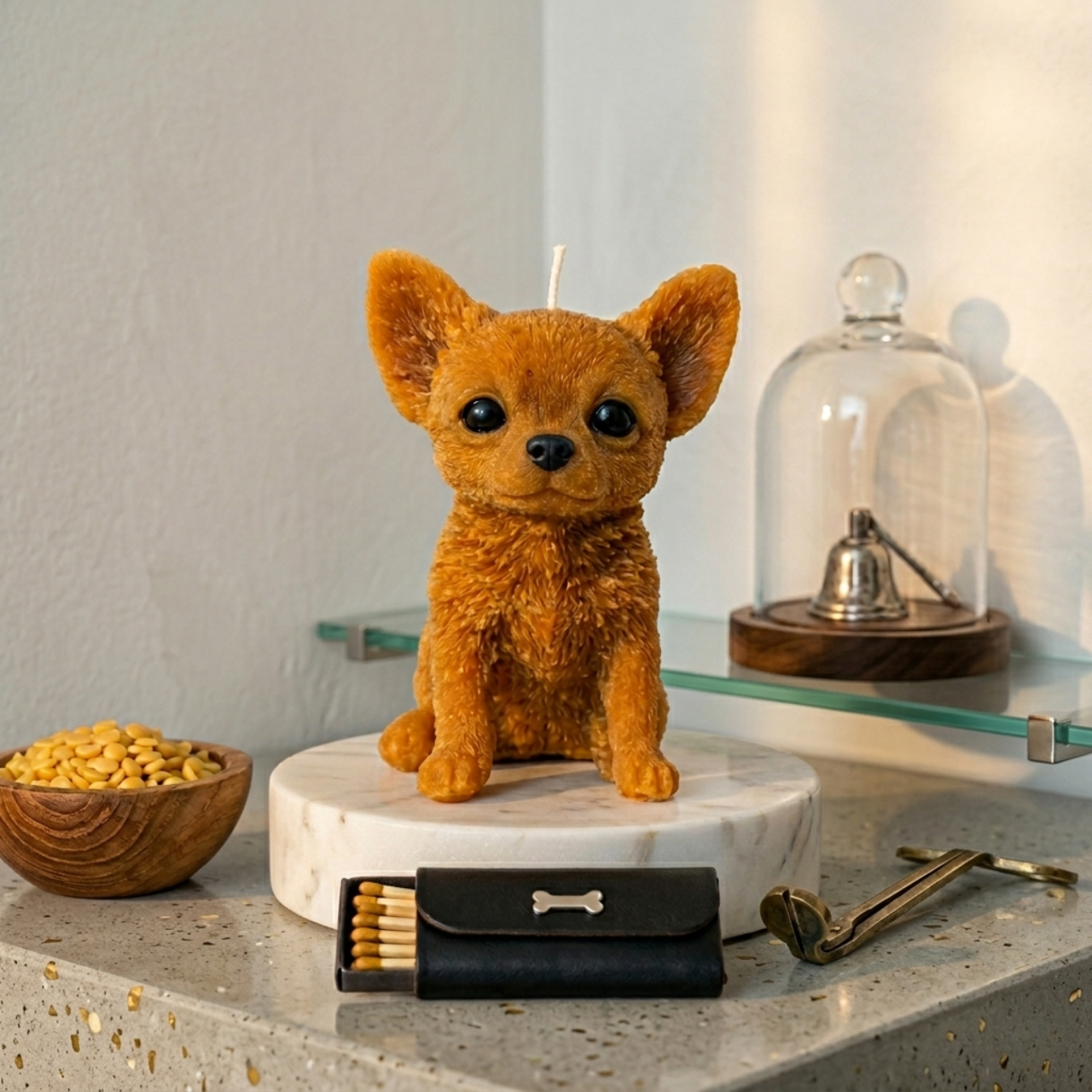 Hand-poured honey gold Chihuahua puppy shaped candle sitting on a white marble pedestal with matches.