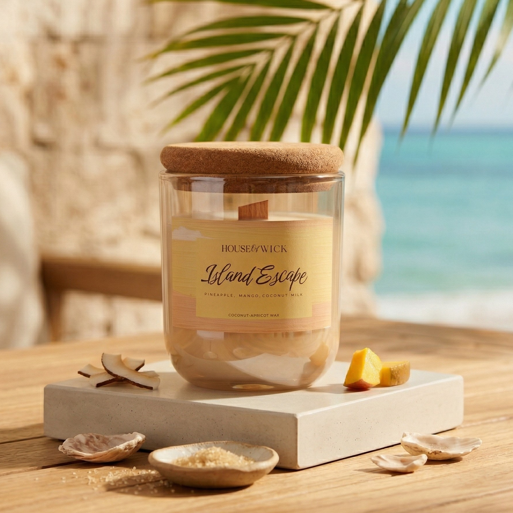 Unlit House of Wick Island Escape 12 oz glass jar candle with a cork lid, resting on a white stone block. It is surrounded by fresh coconut pieces, raw sugar, and mango chunks, with a sunny beach and palm frond in the background.