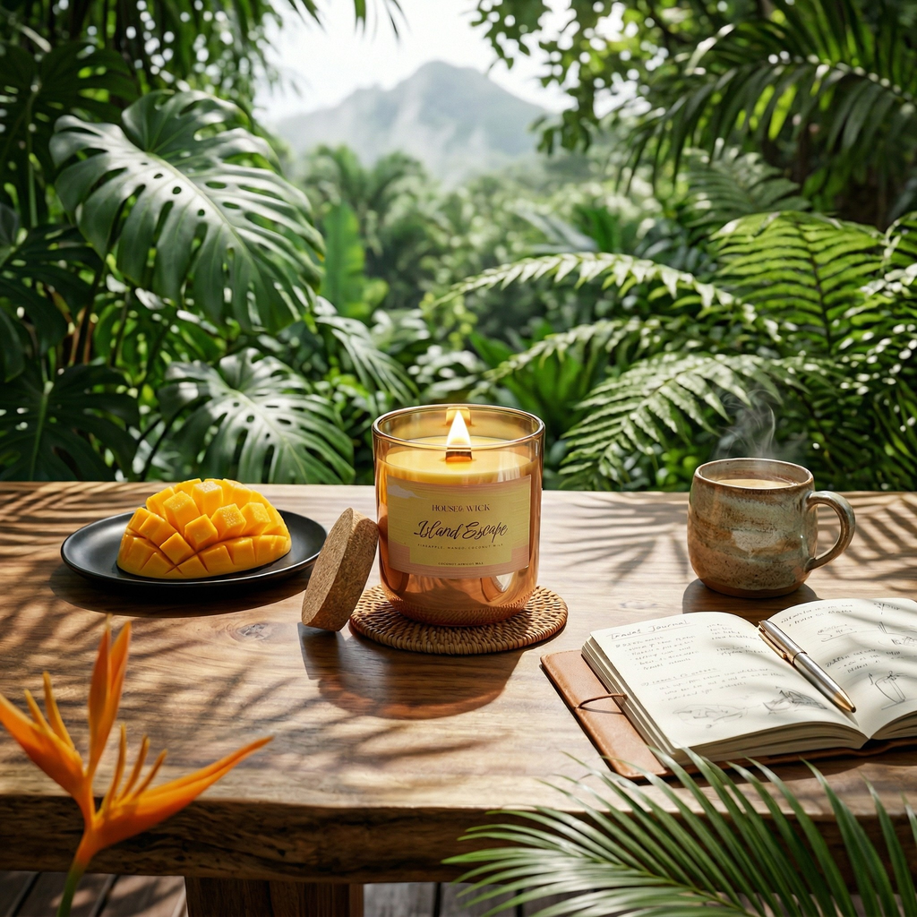 Lit House of Wick Island Escape 12 oz glass jar candle on a rattan coaster, styled on a wooden table with a freshly sliced mango, a steaming mug, and an open travel journal, set against a lush, tropical jungle backdrop.