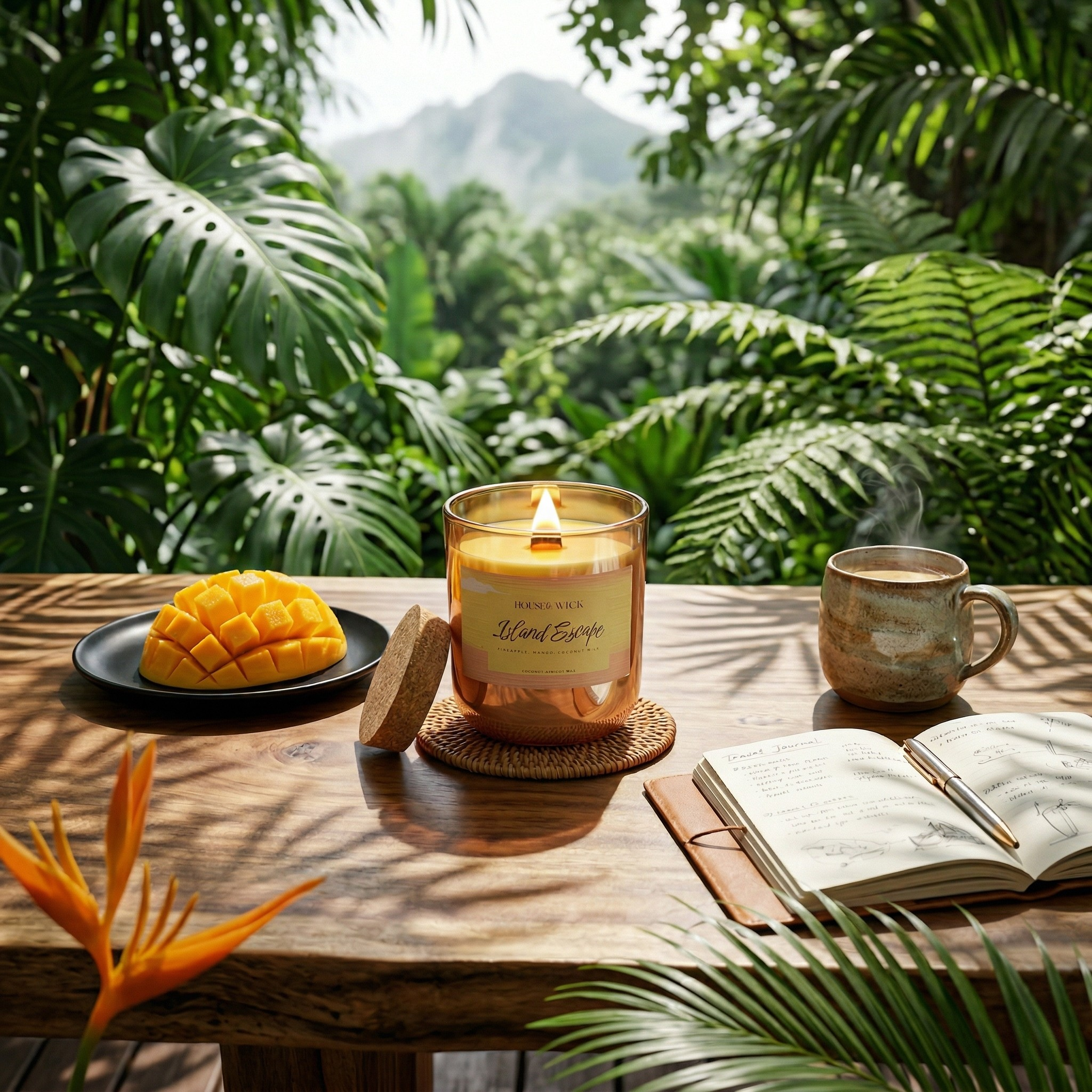 Lit House of Wick Island Escape 12 oz glass jar candle on a rattan coaster, styled on a wooden table with a freshly sliced mango, a steaming mug, and an open travel journal, set against a lush, tropical jungle backdrop.