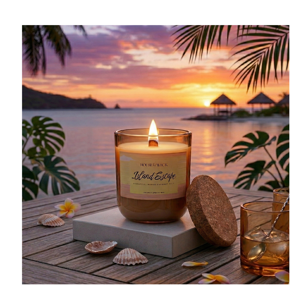 Lit House of Wick Island Escape 12 oz glass jar candle with a wooden wick, sitting on a wooden patio table next to its cork lid. The candle is styled with plumeria flowers, seashells, and iced drinks against a vibrant tropical sunset over the water.