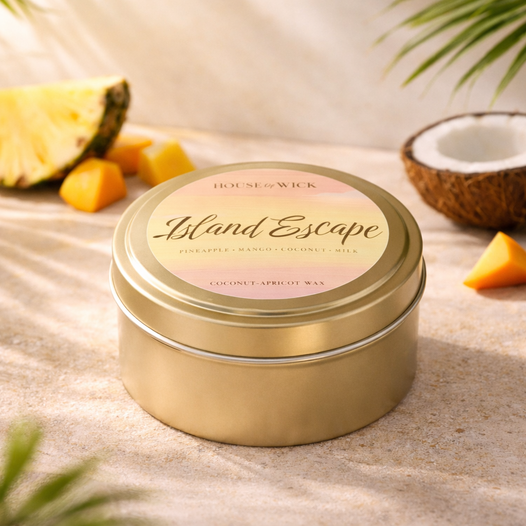 Island Escape 6oz gold travel tin candle by House of Wick featuring pineapple, mango and coconut notes in a luxury tropical setting