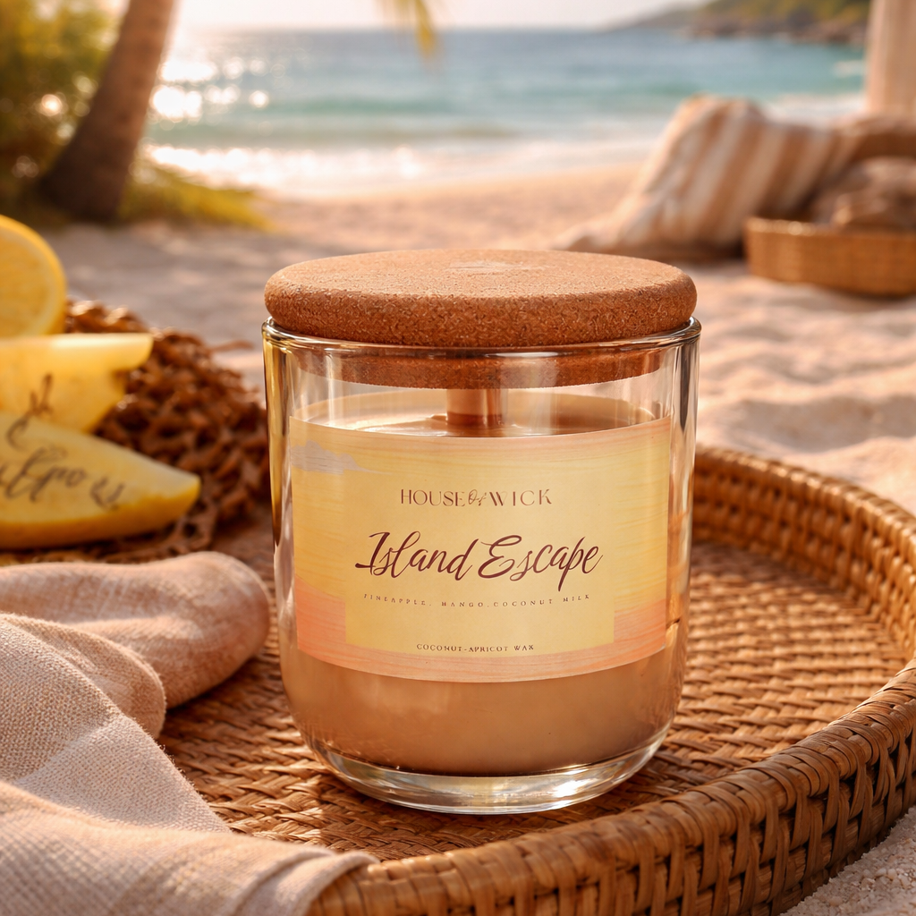 Luxury tropical Island Escape candle by House of Wick styled on beach tray with ocean sunset backdrop