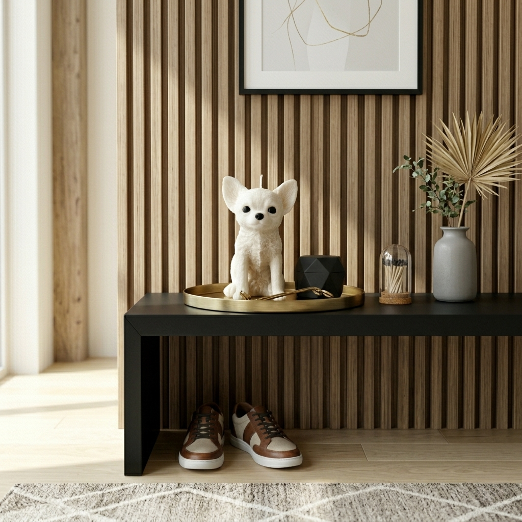 Ivory Chihuahua puppy candle on a brass tray sitting on a black minimalist entryway bench against a wood slat wall.