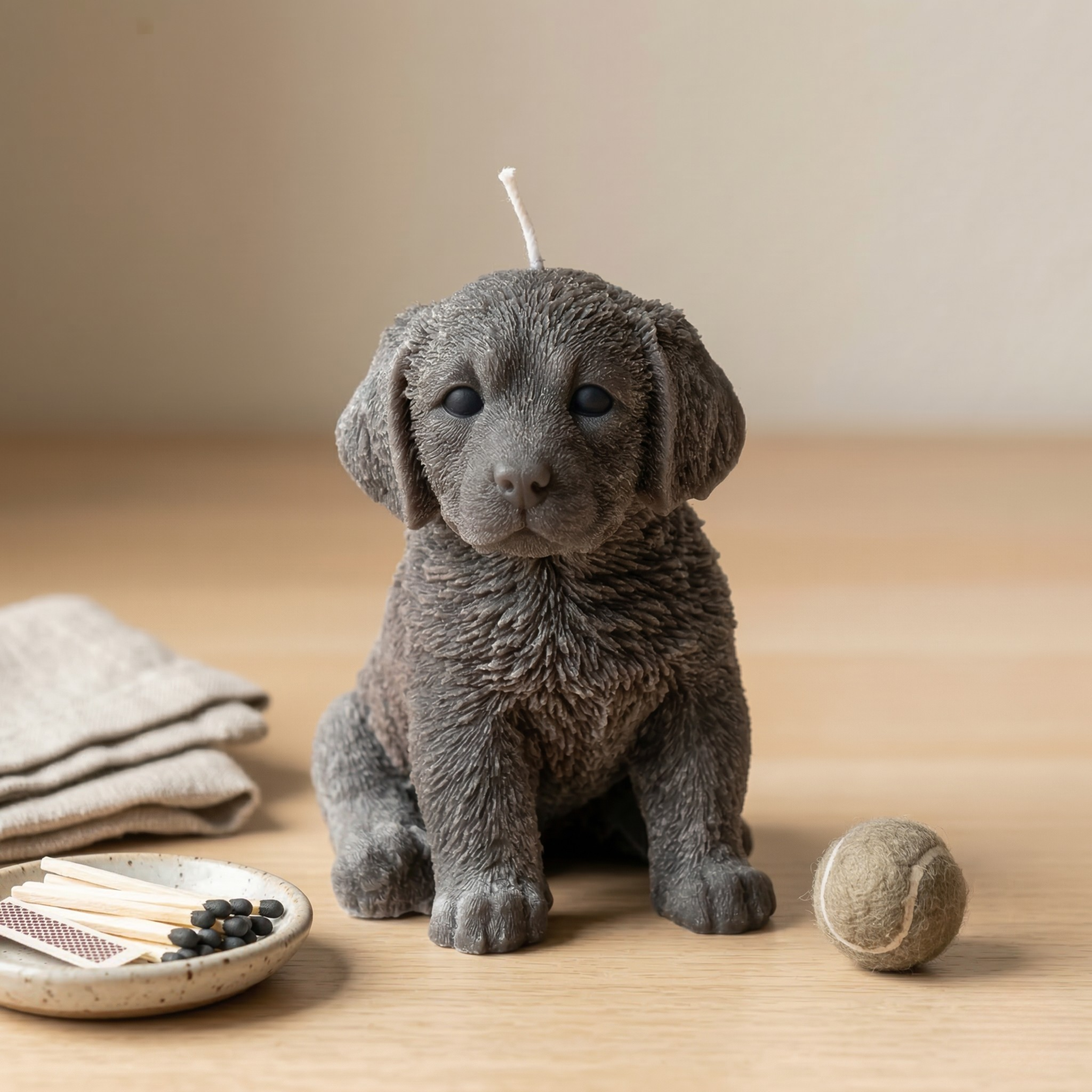 Charcoal Labrador puppy candle close-up showing realistic textured details
