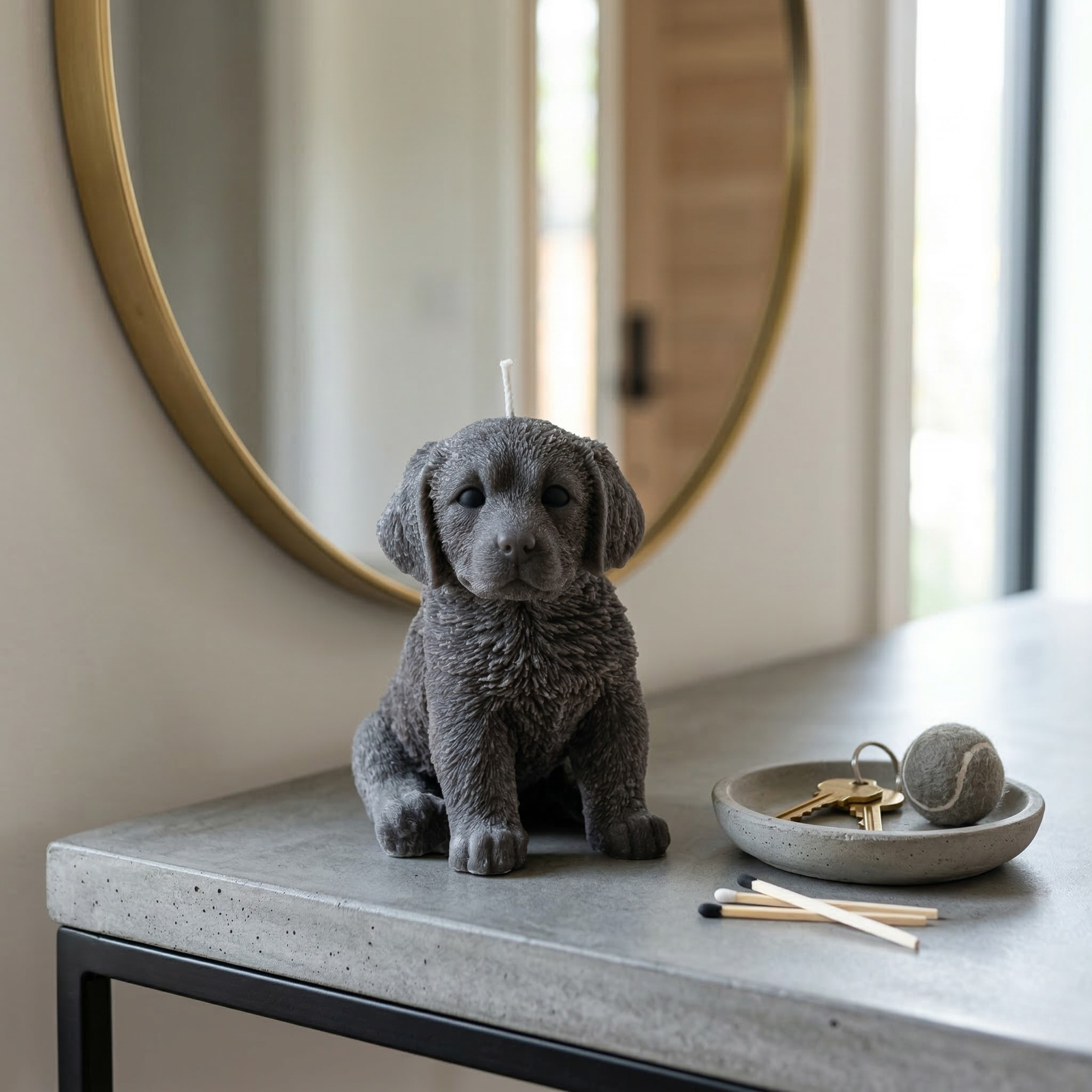 Charcoal Labrador puppy candle styled on modern entryway console with mirror and decor
