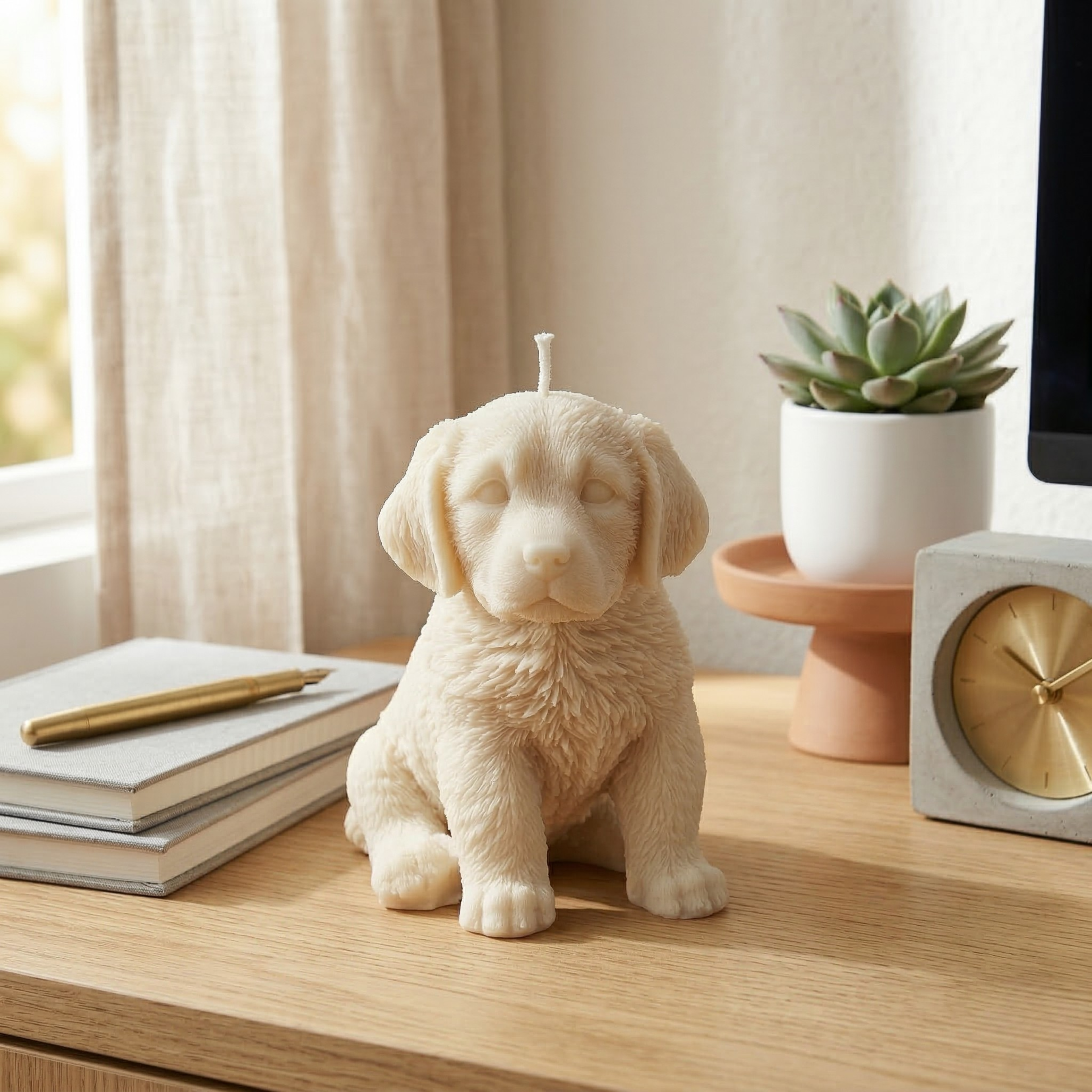 Cream Labrador puppy candle styled on desk with books, plant, and modern accessories
