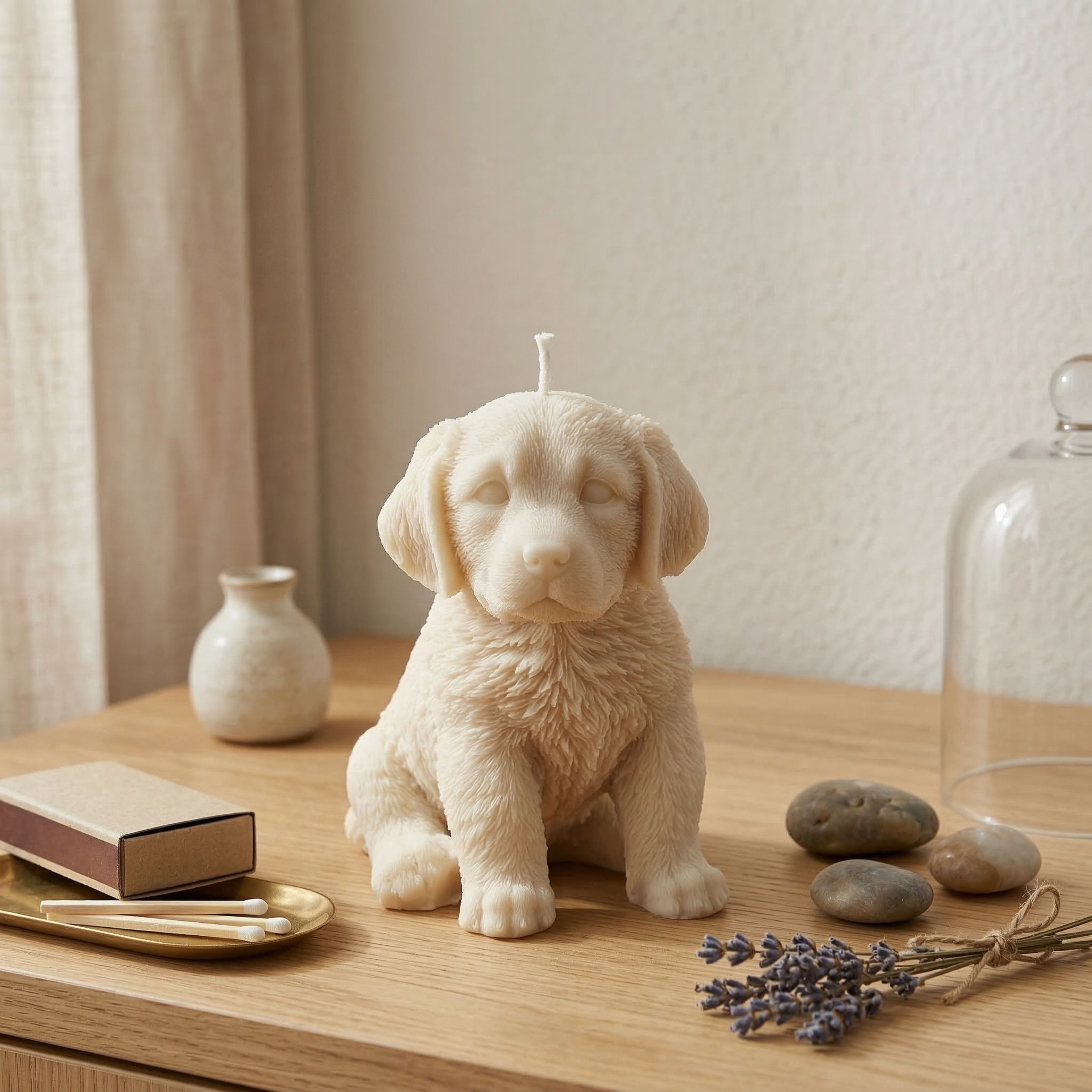 Cream Labrador puppy candle on minimal wooden table with soft neutral decor
