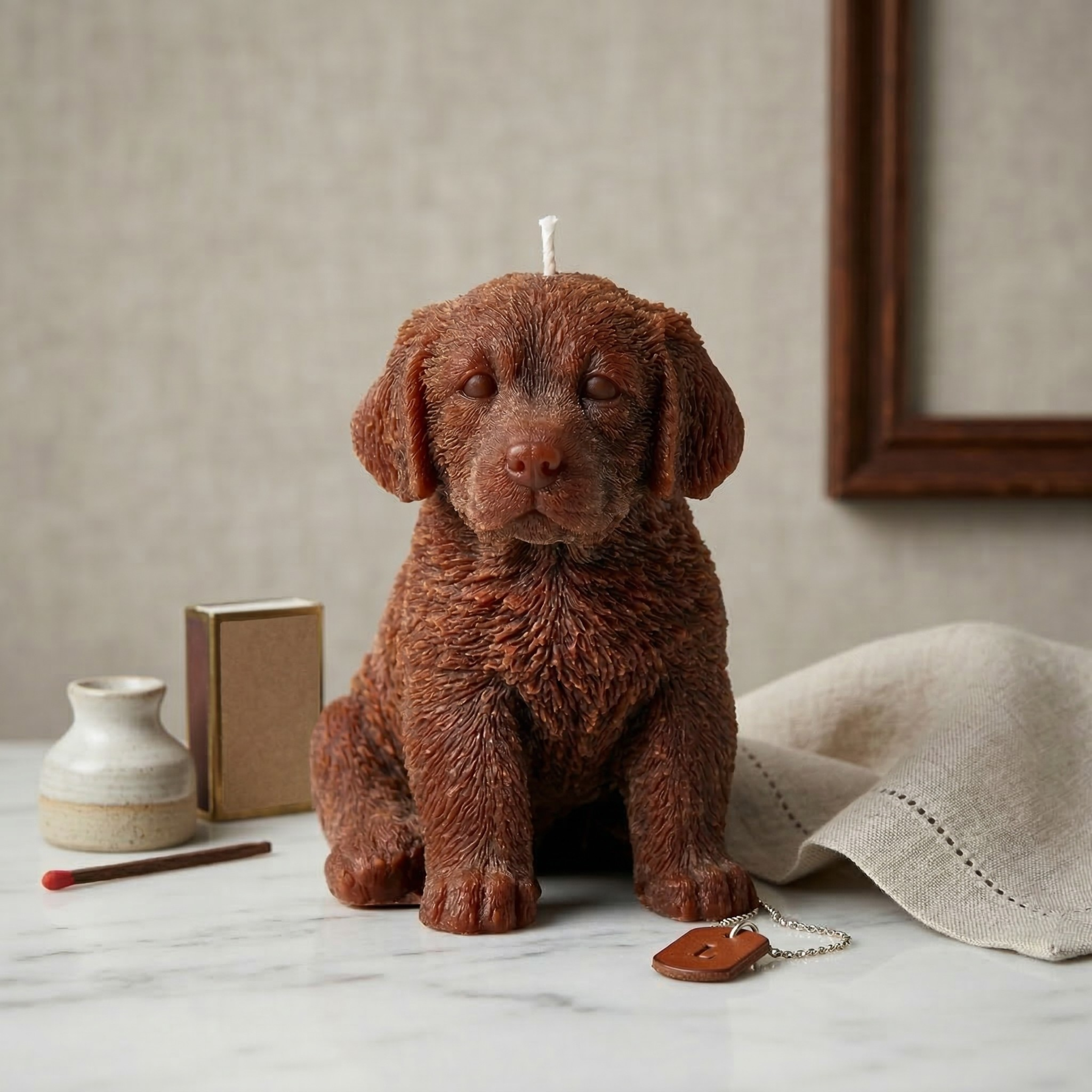 Dark brown Labrador puppy candle on marble surface with minimal styled decor
