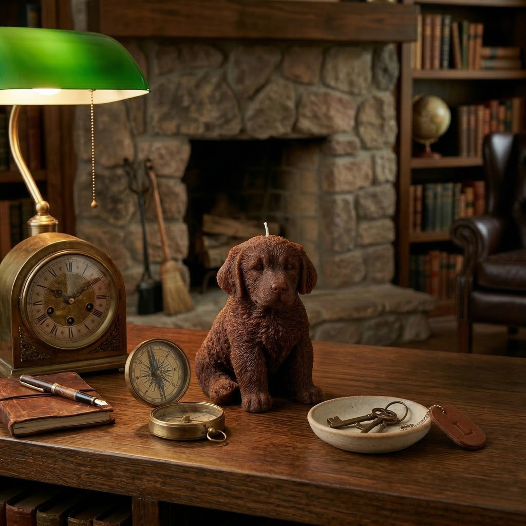 Dark brown Labrador puppy candle on vintage desk home decor by House of Wick