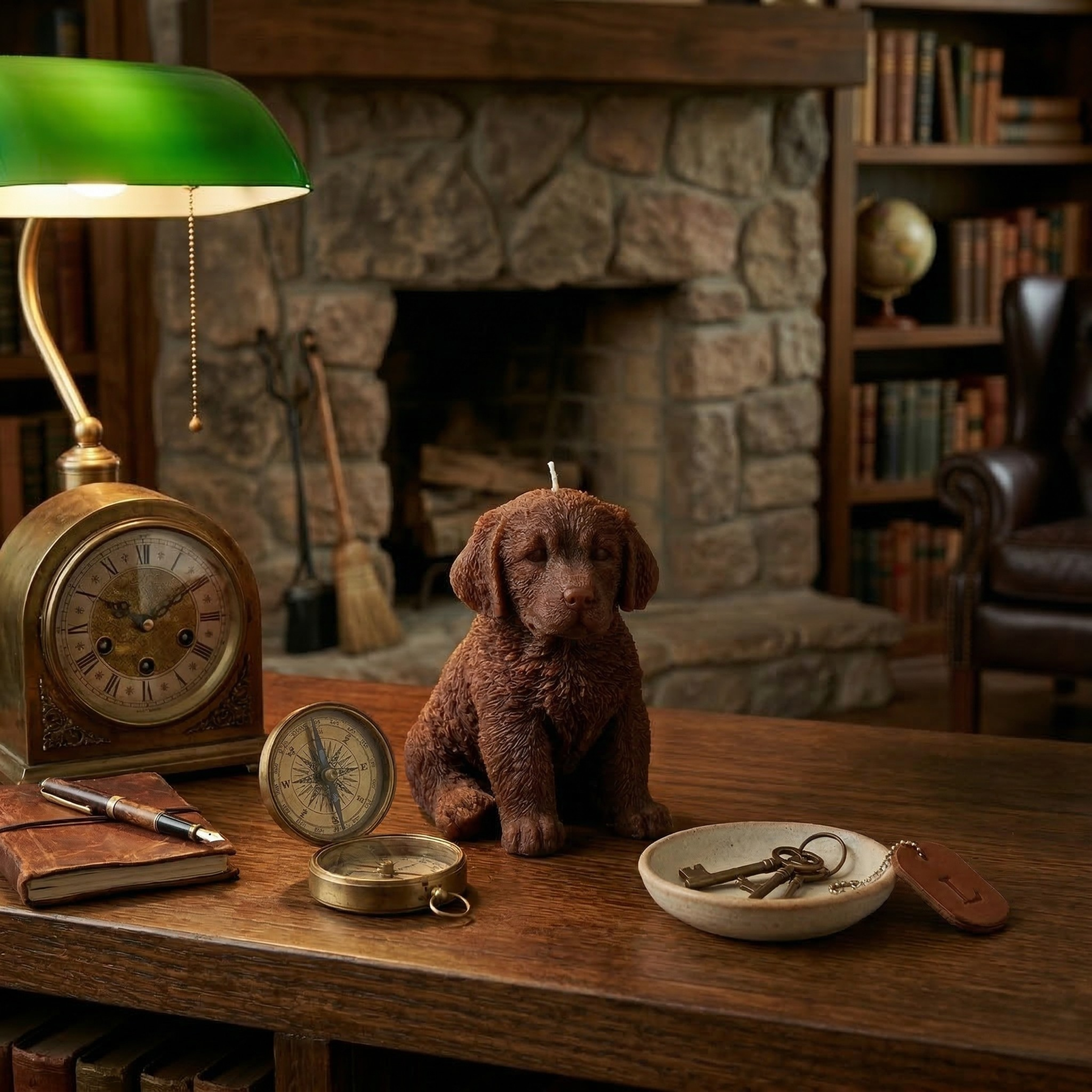 Dark brown Labrador puppy candle on vintage wooden desk with clock and classic decor
