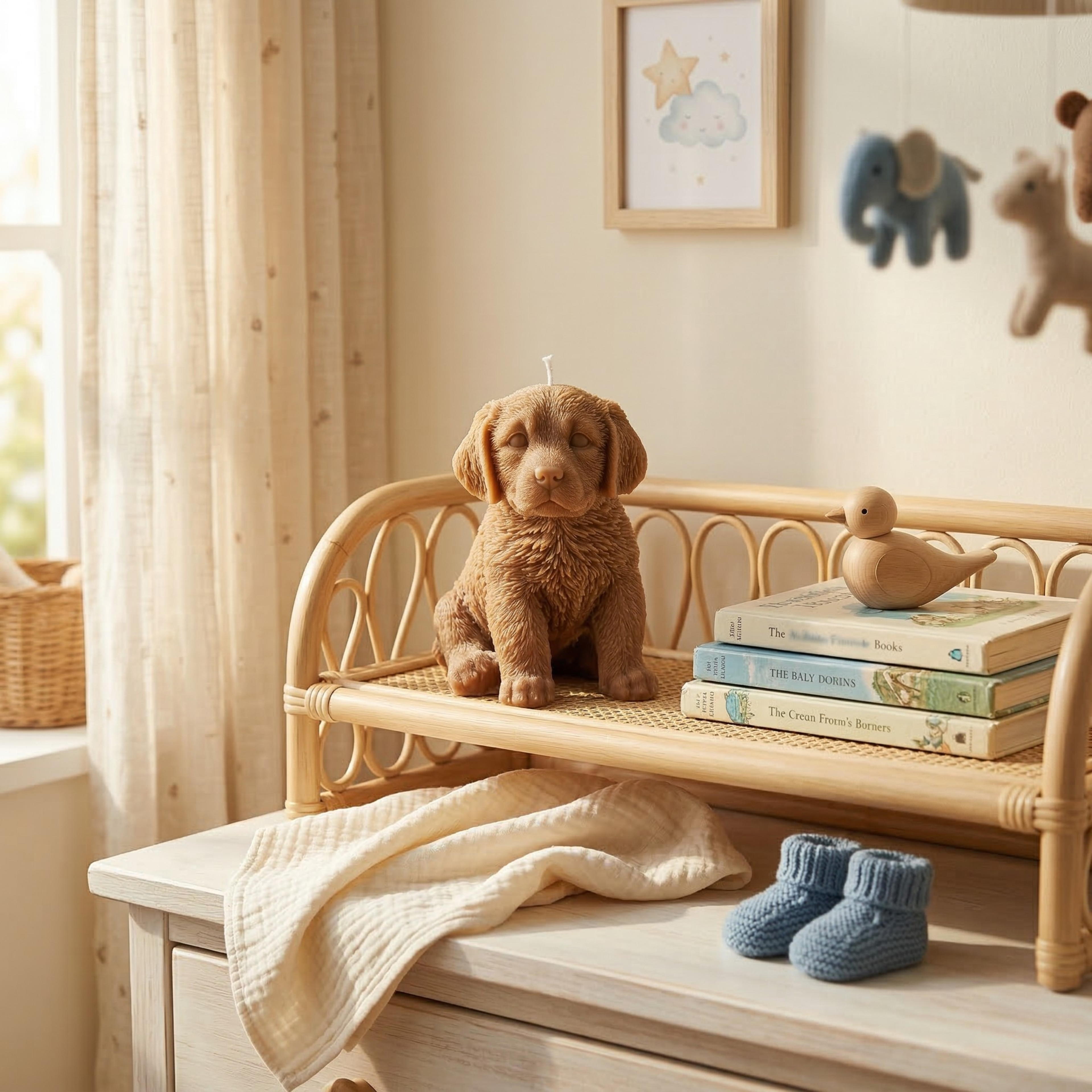 Light brown Labrador puppy candle styled on nursery shelf with soft toys and books
