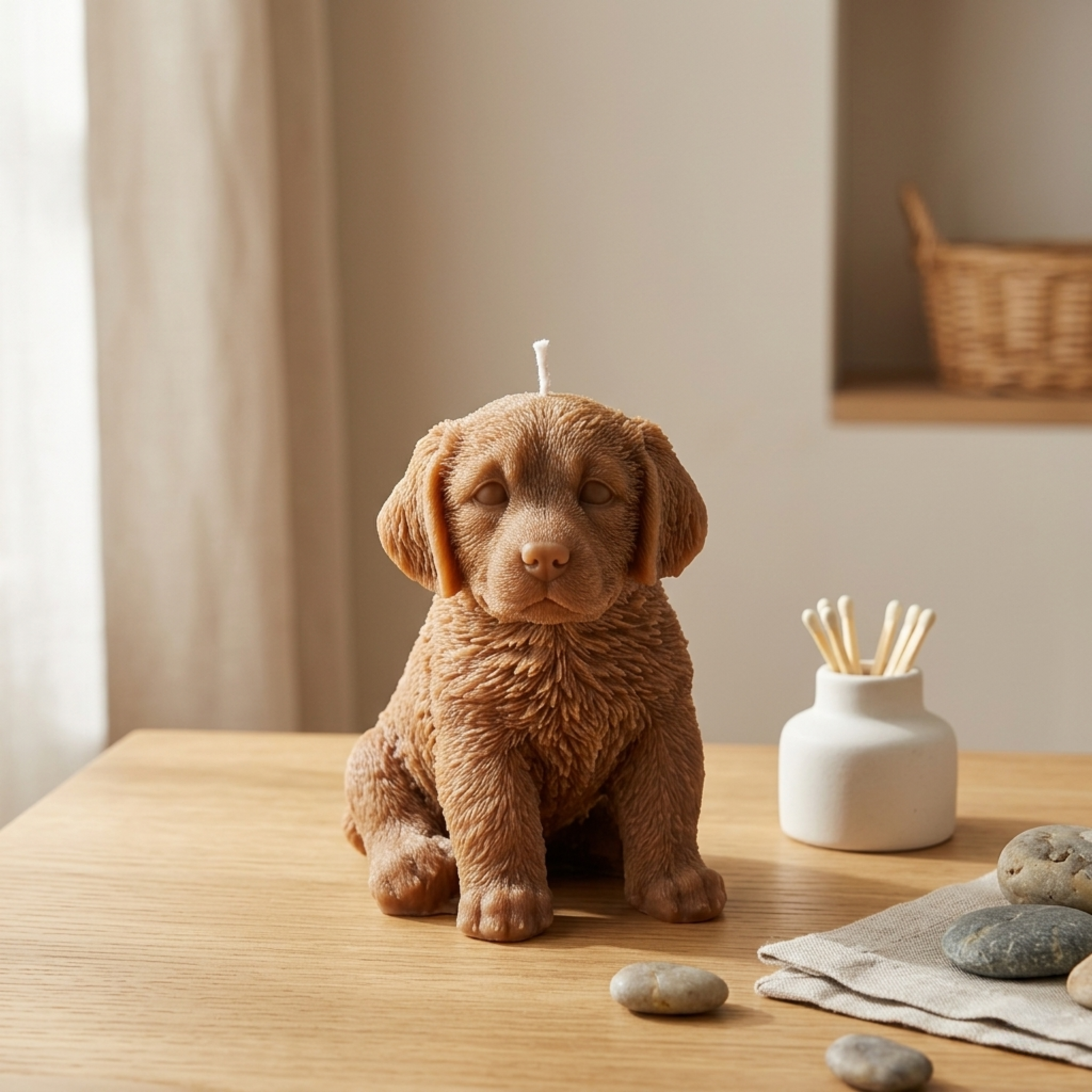 Light brown Labrador puppy candle on wooden table with neutral home decor accents

