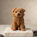 Light brown German Shepherd puppy candle by House of Wick — handmade beeswax sculptural product shot