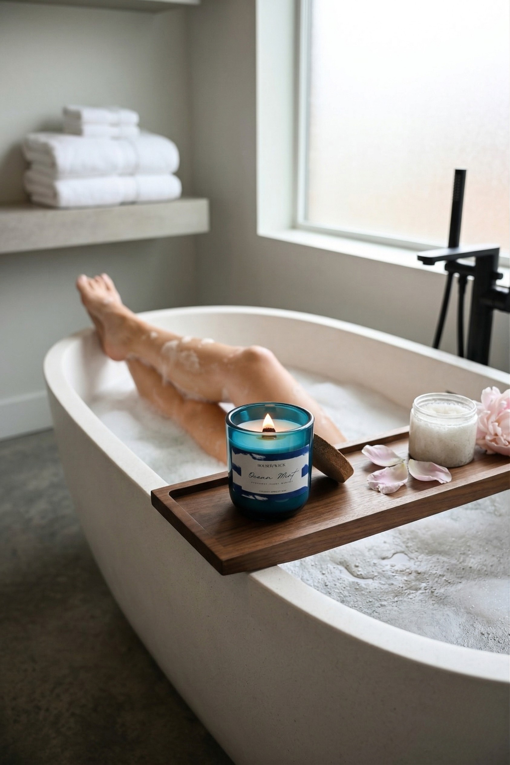 Burning House of Wick Ocean Mint 12 oz candle glowing on a wooden bath tray across a white freestanding tub filled with a bubble bath, styled for a luxurious spa aesthetic.