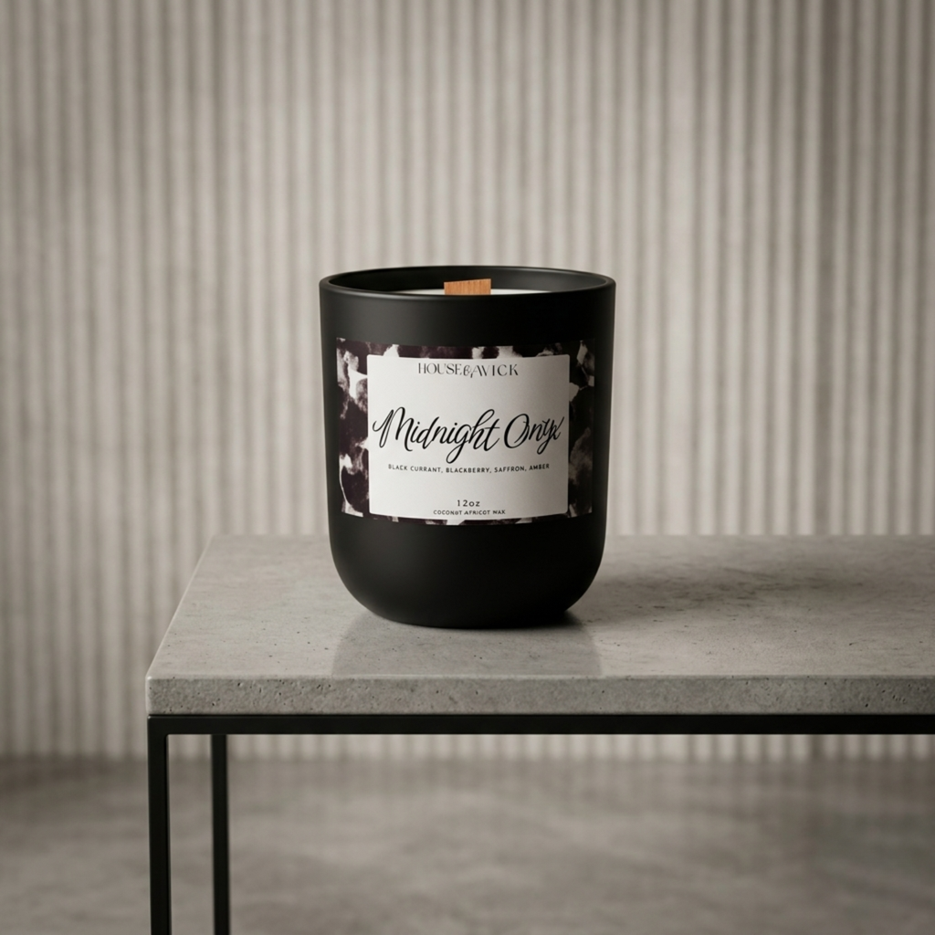 Unlit House of Wick Midnight Onyx 12 oz black jar candle sitting on a light grey concrete minimalist table against a textured neutral wall.